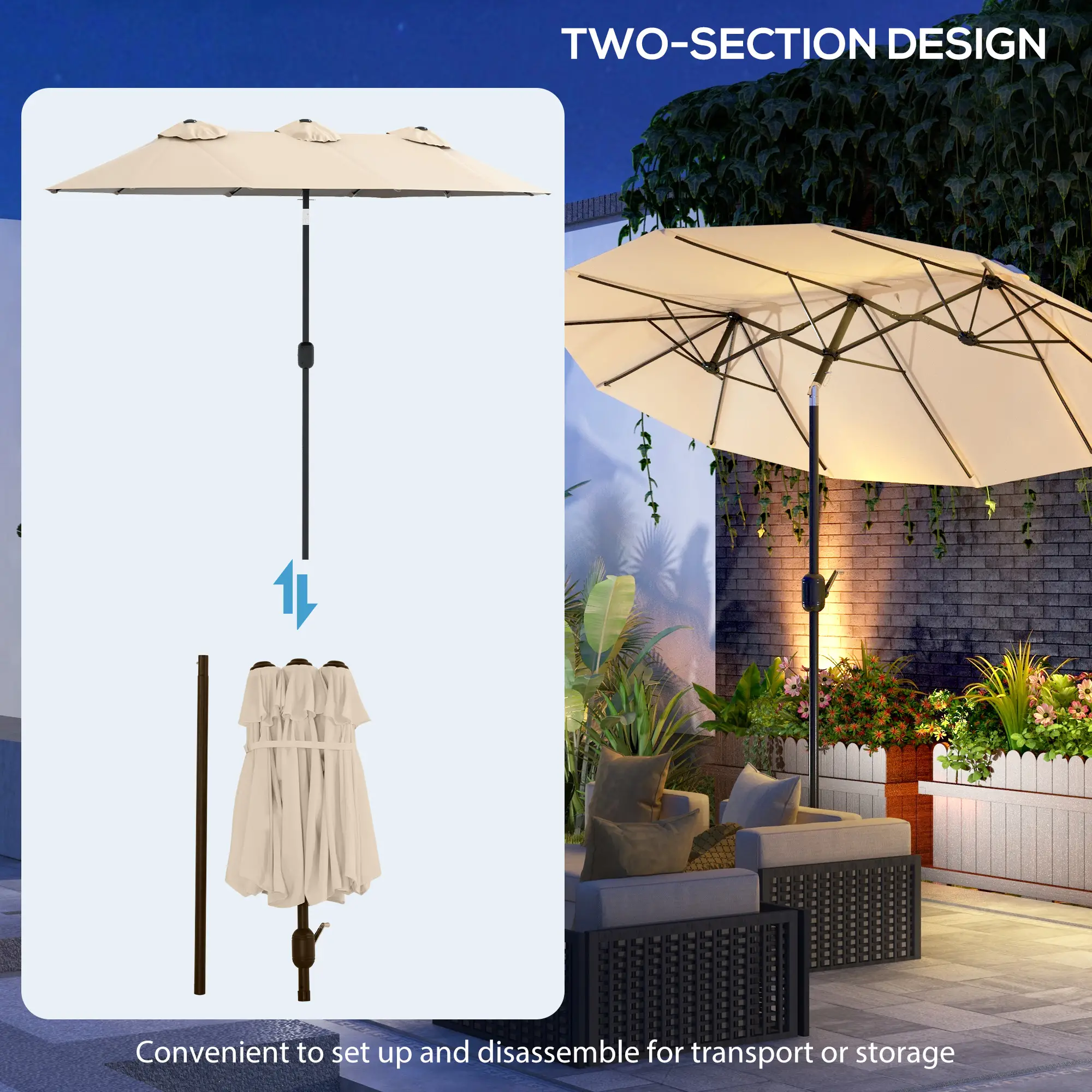 9.7' Double-Sided Patio Umbrella, Tilt Crank Vents, Brown - Image 9