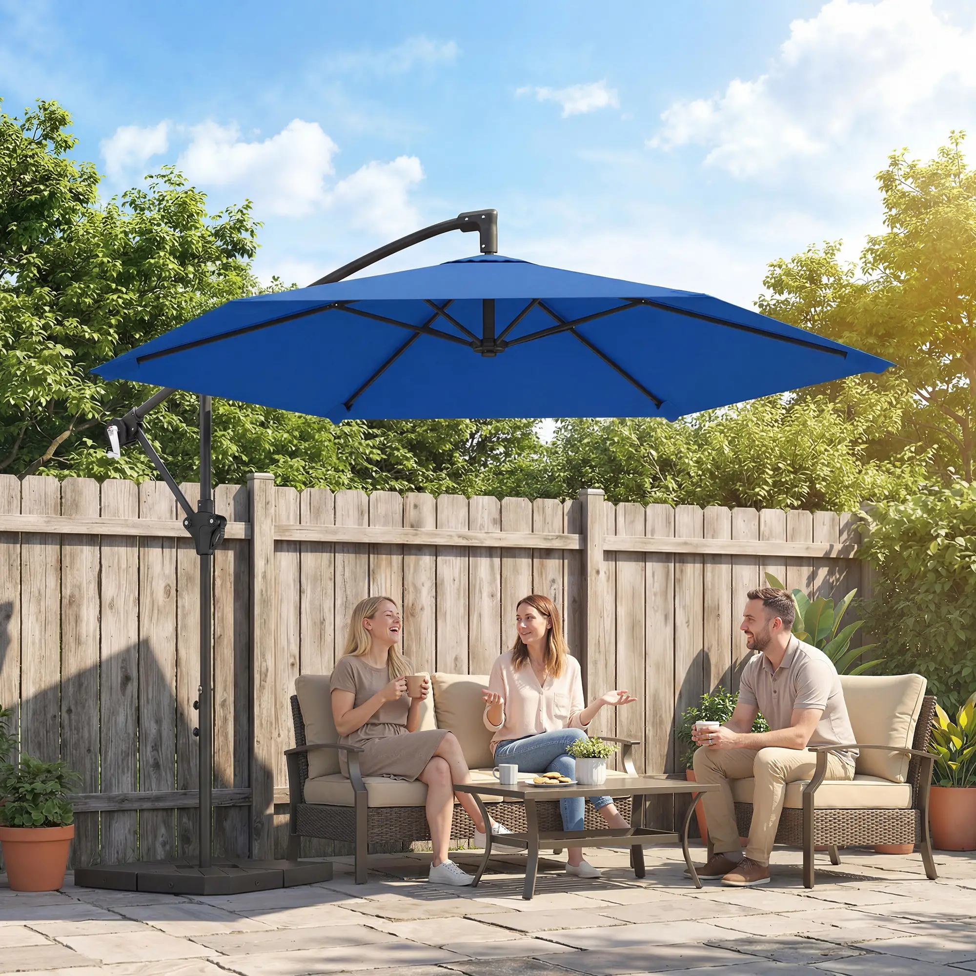 9.7 ft Offset Patio Umbrella, Water/Sand Fillable Weights, Navy Blue - Image 2