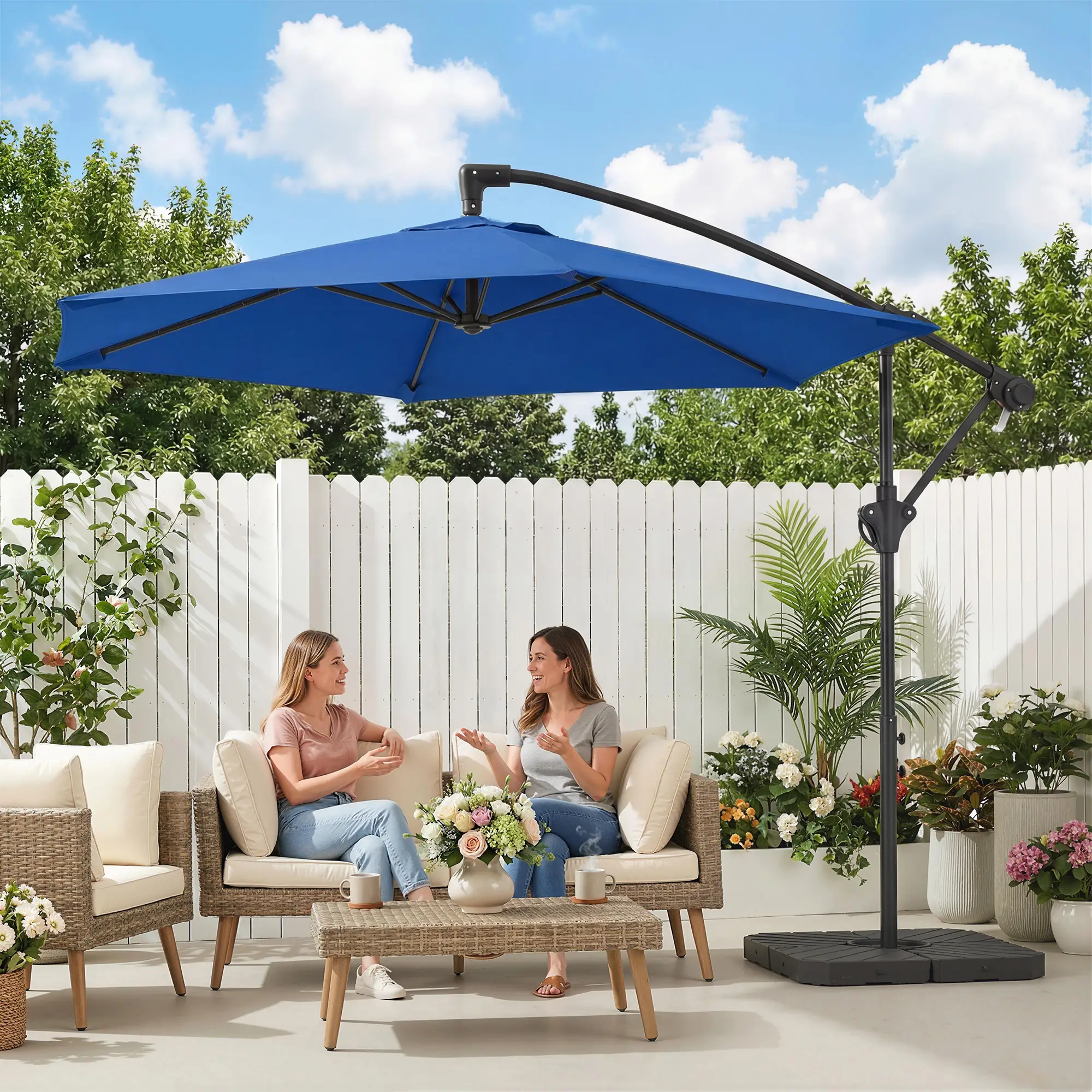 9.7 ft Offset Patio Umbrella, Water/Sand Fillable Weights, Navy Blue - Image 8