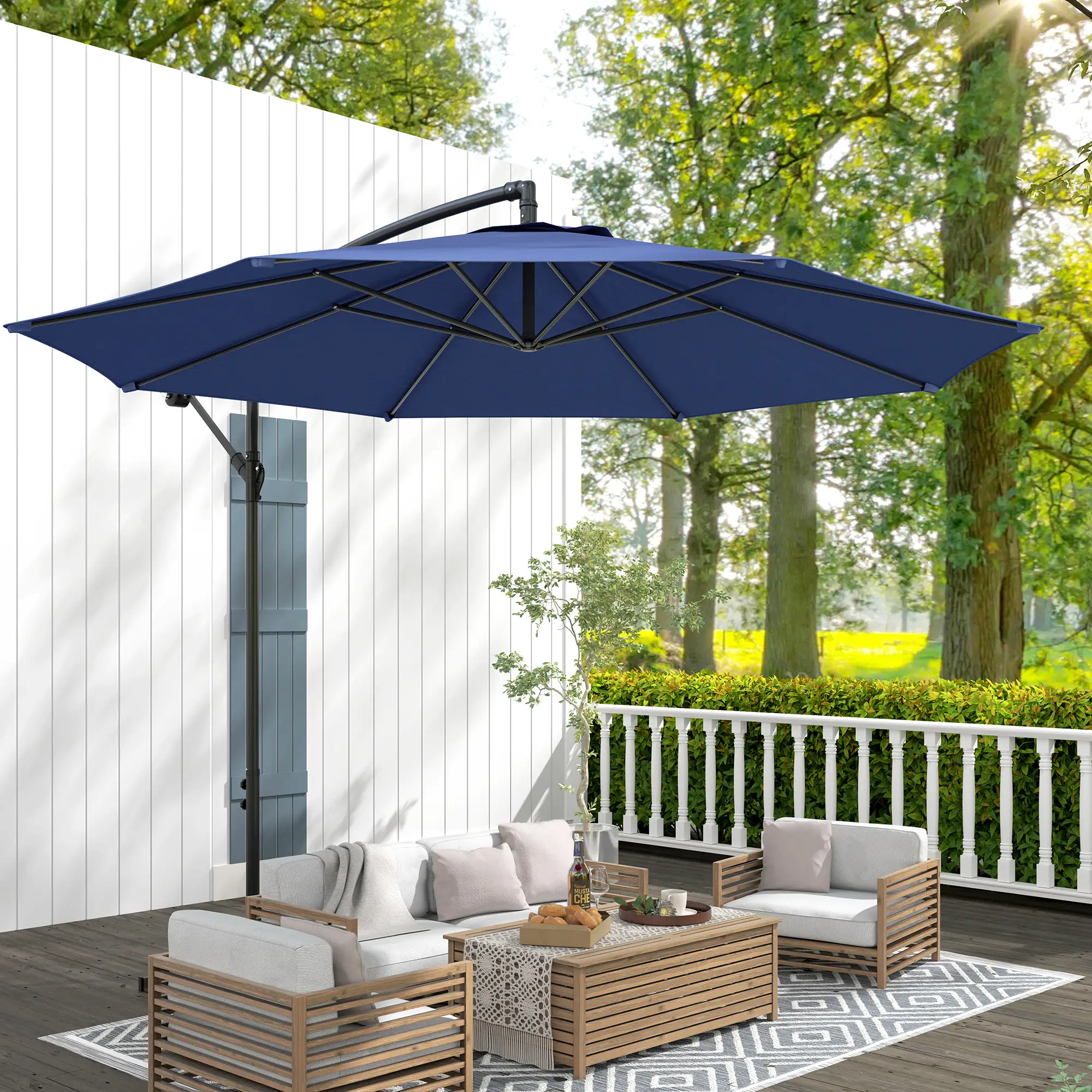 9.7ft Offset Patio Umbrella, 8 Ribs, Crank Handle, Cross Base, Blue - Image 2
