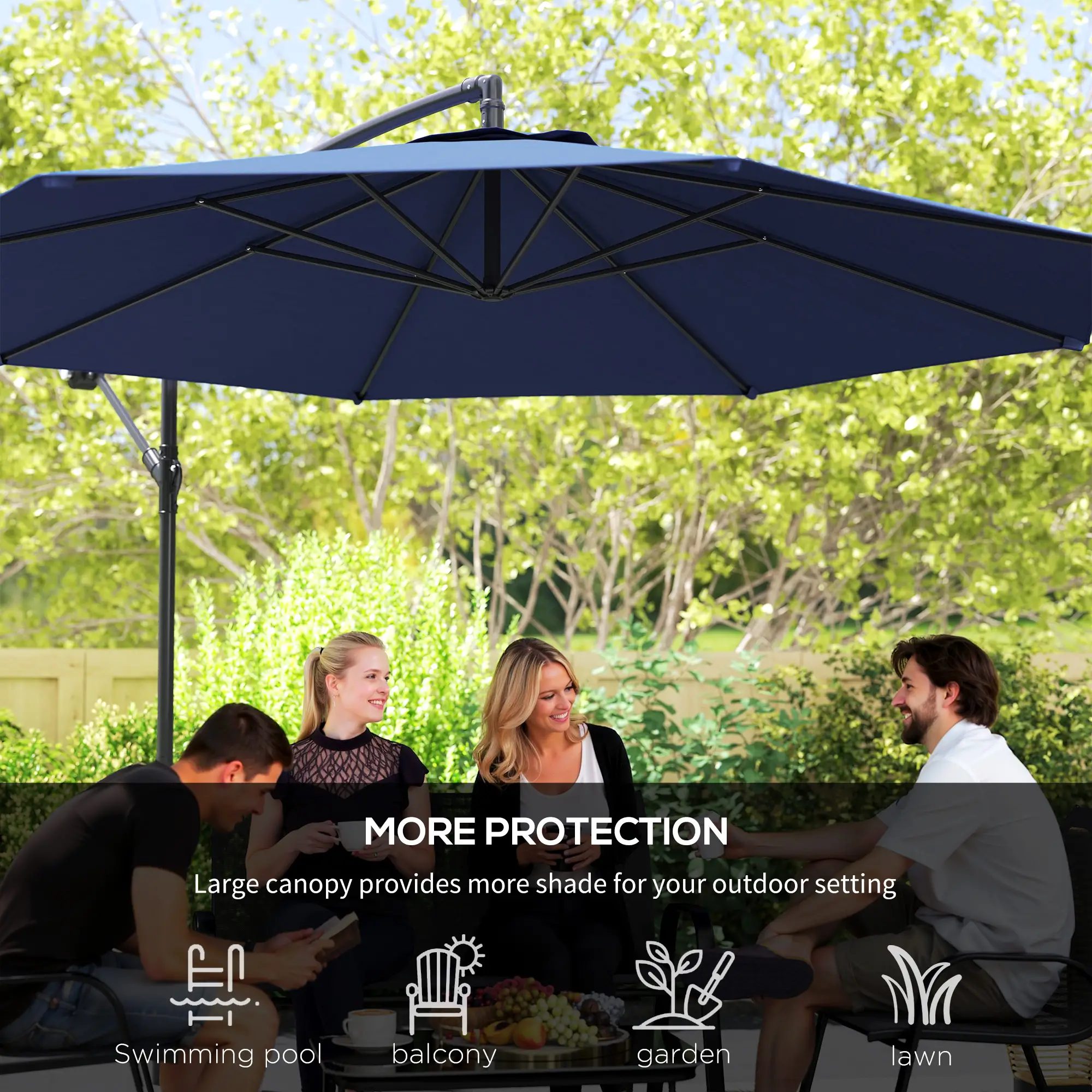 9.7ft Offset Patio Umbrella, 8 Ribs, Crank Handle, Cross Base, Blue - Image 6
