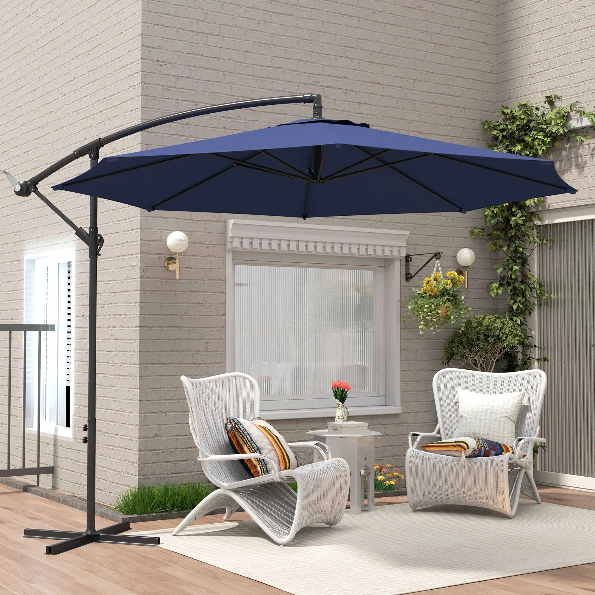 9.7ft Offset Patio Umbrella, 8 Ribs, Crank Handle, Cross Base, Blue - Image 9