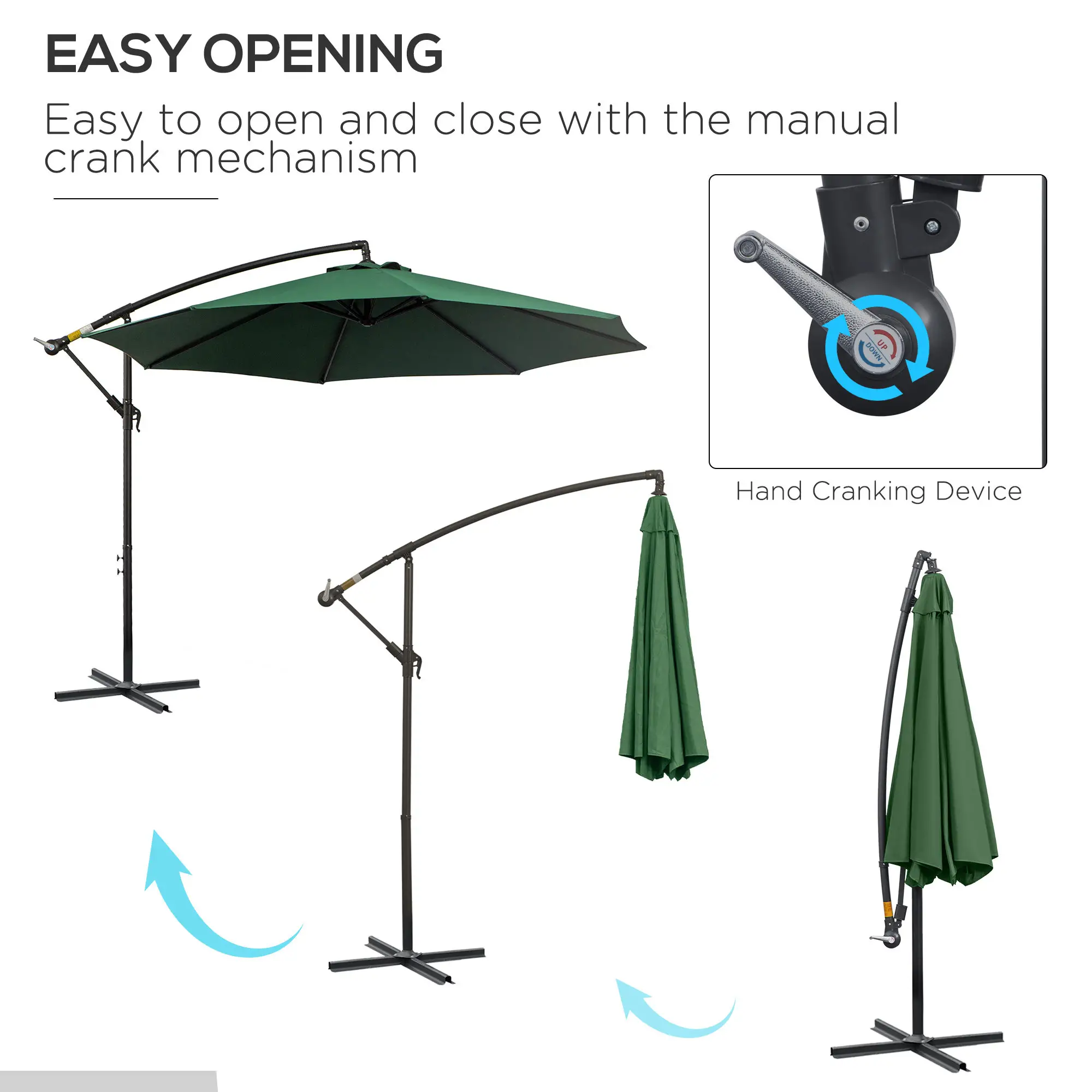 9.7ft Offset Patio Umbrella, 8 Ribs, Crank Handle, Cross Base, Green - Image 4