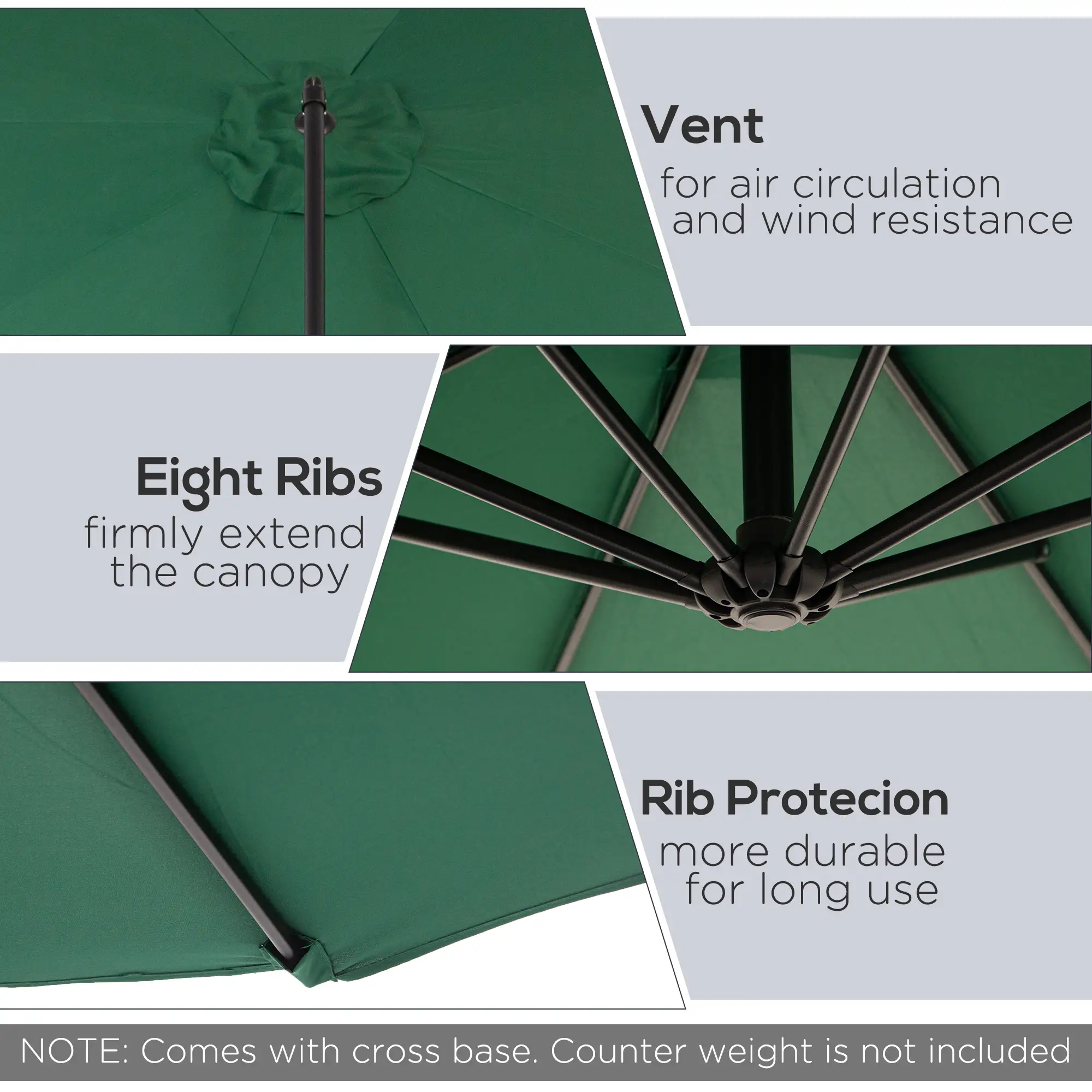 9.7ft Offset Patio Umbrella, 8 Ribs, Crank Handle, Cross Base, Green - Image 5