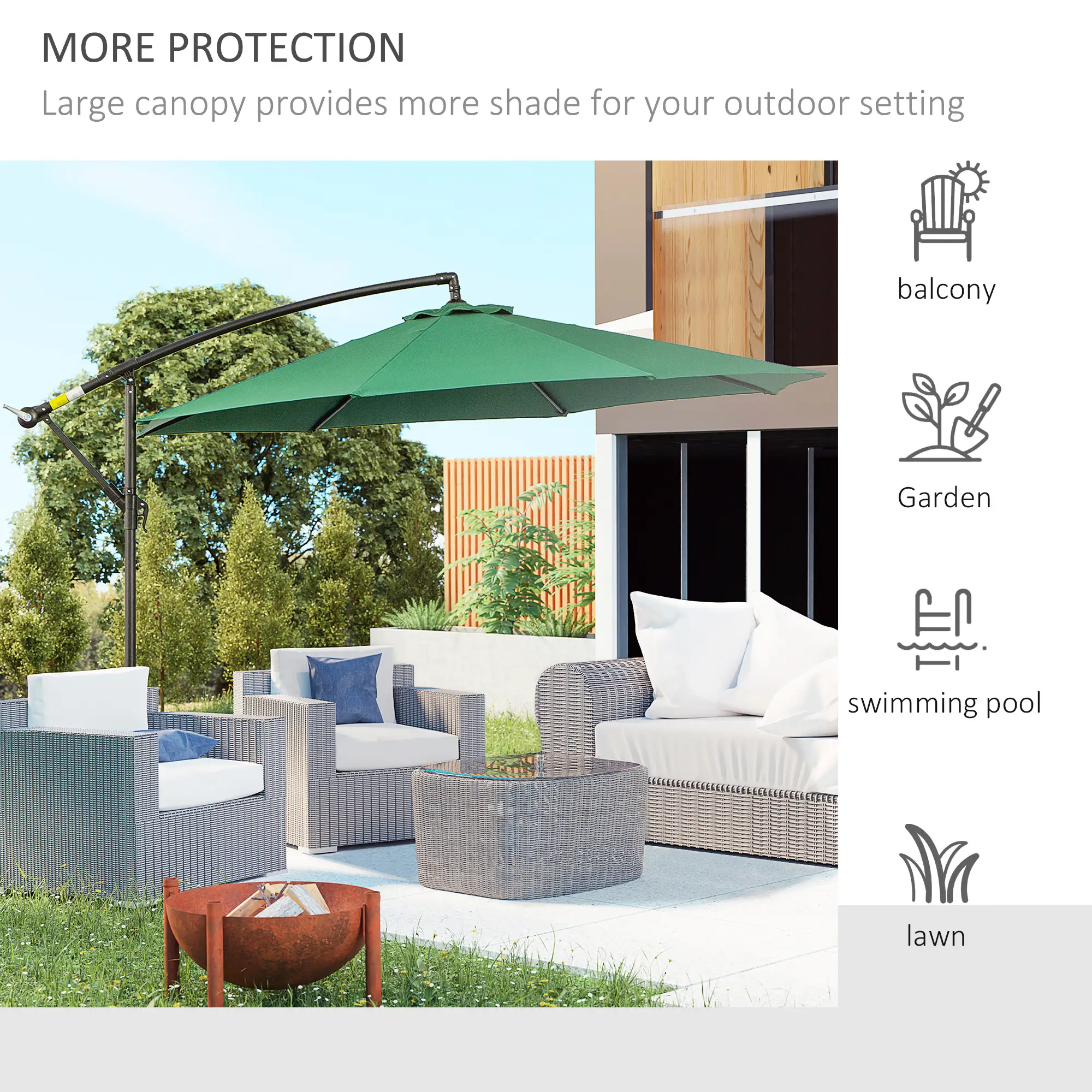 9.7ft Offset Patio Umbrella, 8 Ribs, Crank Handle, Cross Base, Green - Image 6