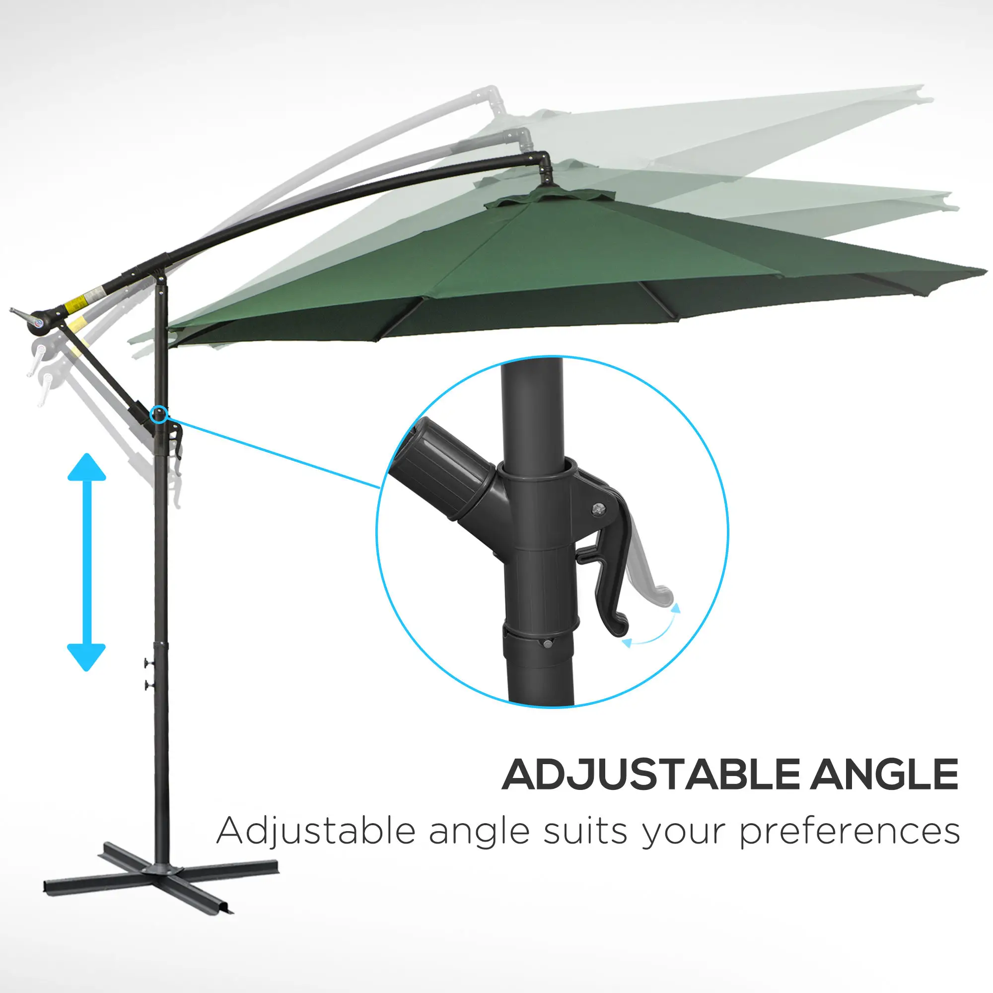 9.7ft Offset Patio Umbrella, 8 Ribs, Crank Handle, Cross Base, Green - Image 7