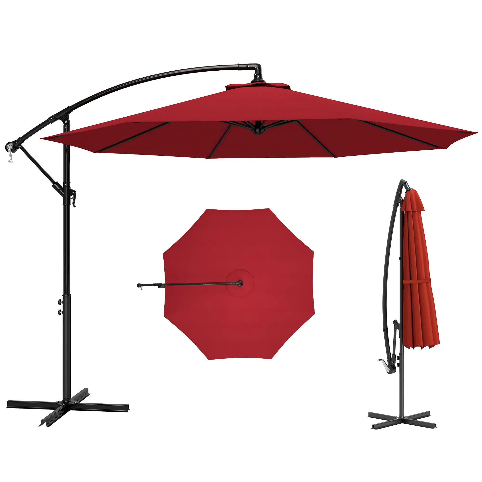 9.7ft Offset Patio Umbrella, Crank Handle, 8 Ribs, Cross Base, Wine Red - Image 11