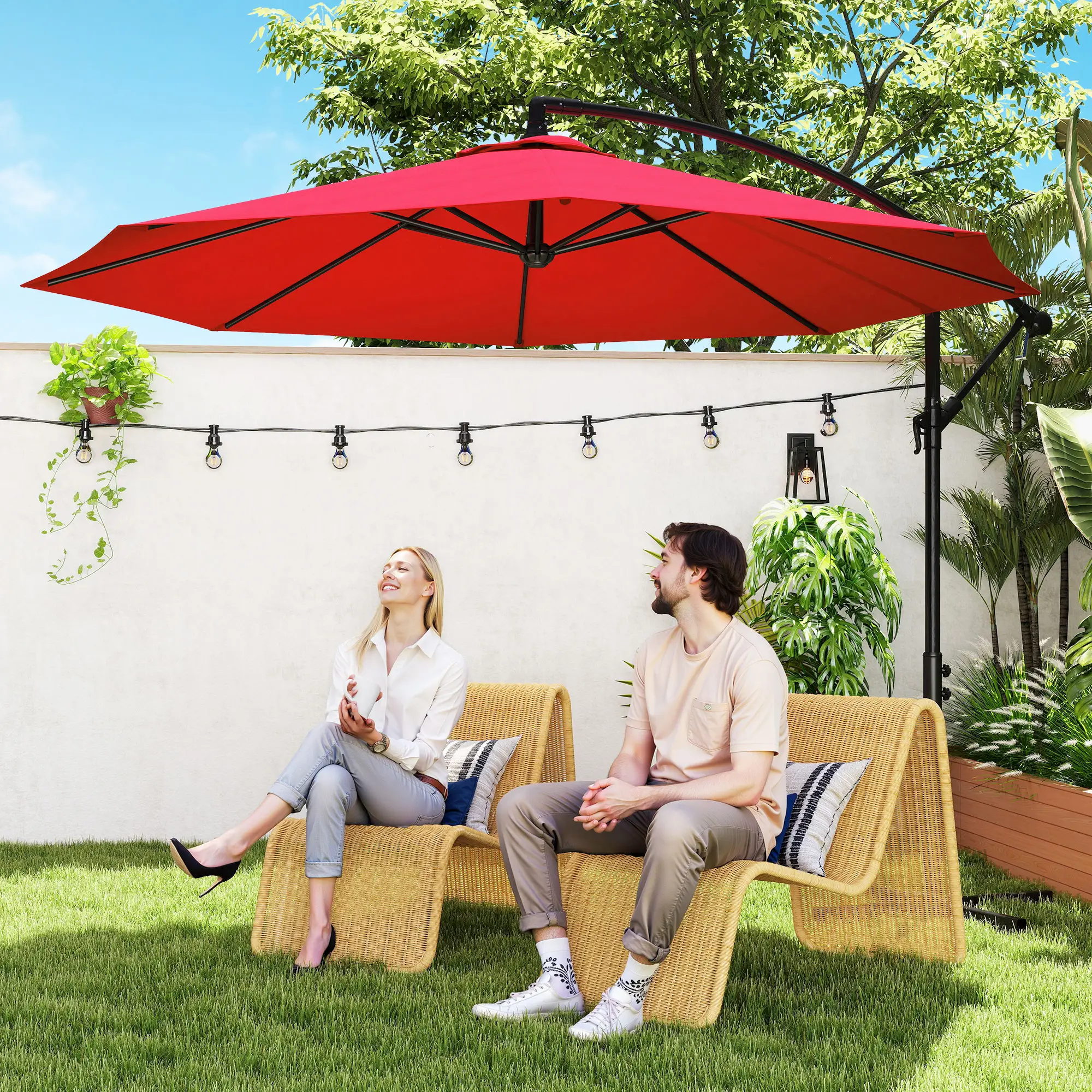 9.7ft Offset Patio Umbrella, Crank Handle, 8 Ribs, Cross Base, Wine Red - Image 2