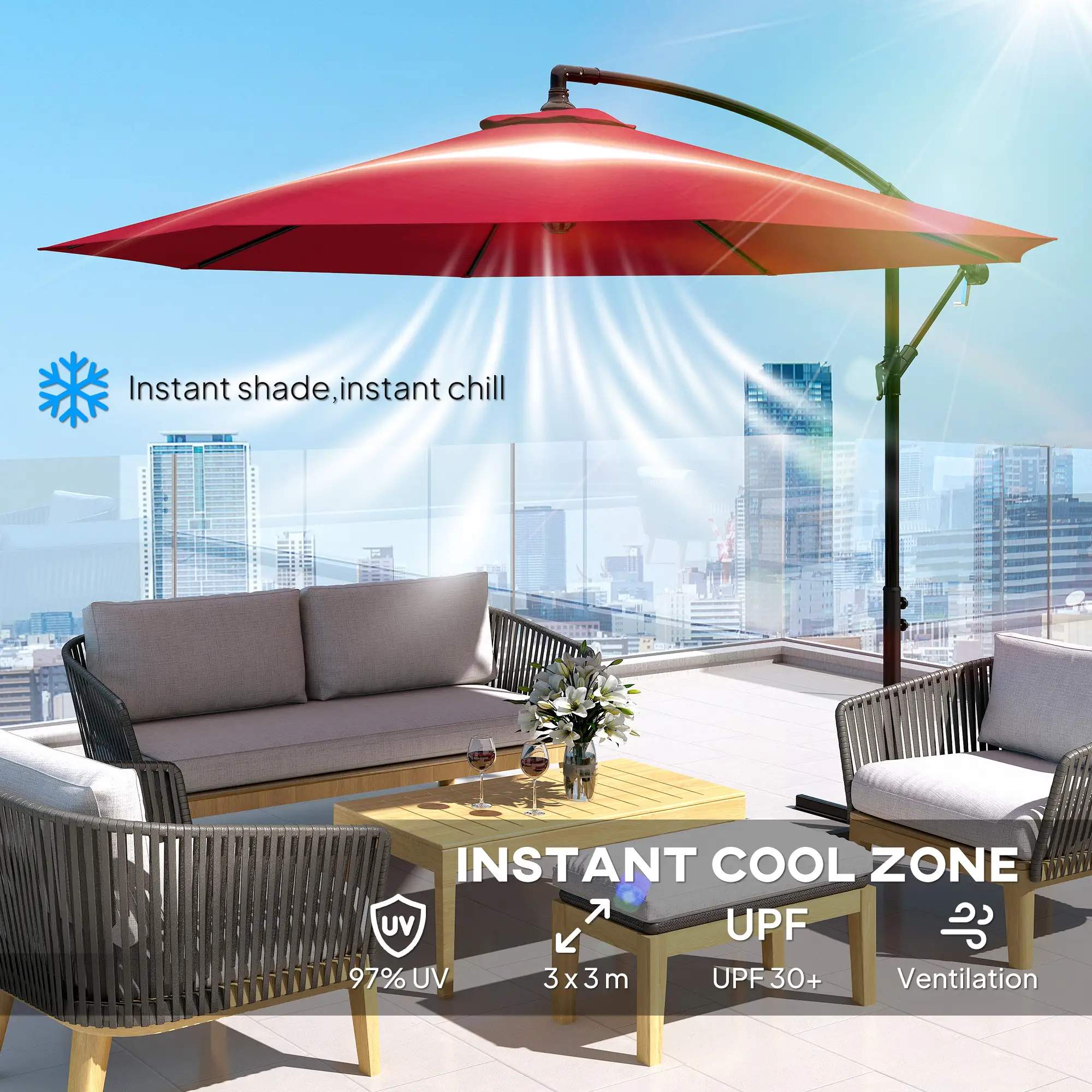 9.7ft Offset Patio Umbrella, Crank Handle, 8 Ribs, Cross Base, Wine Red - Image 4