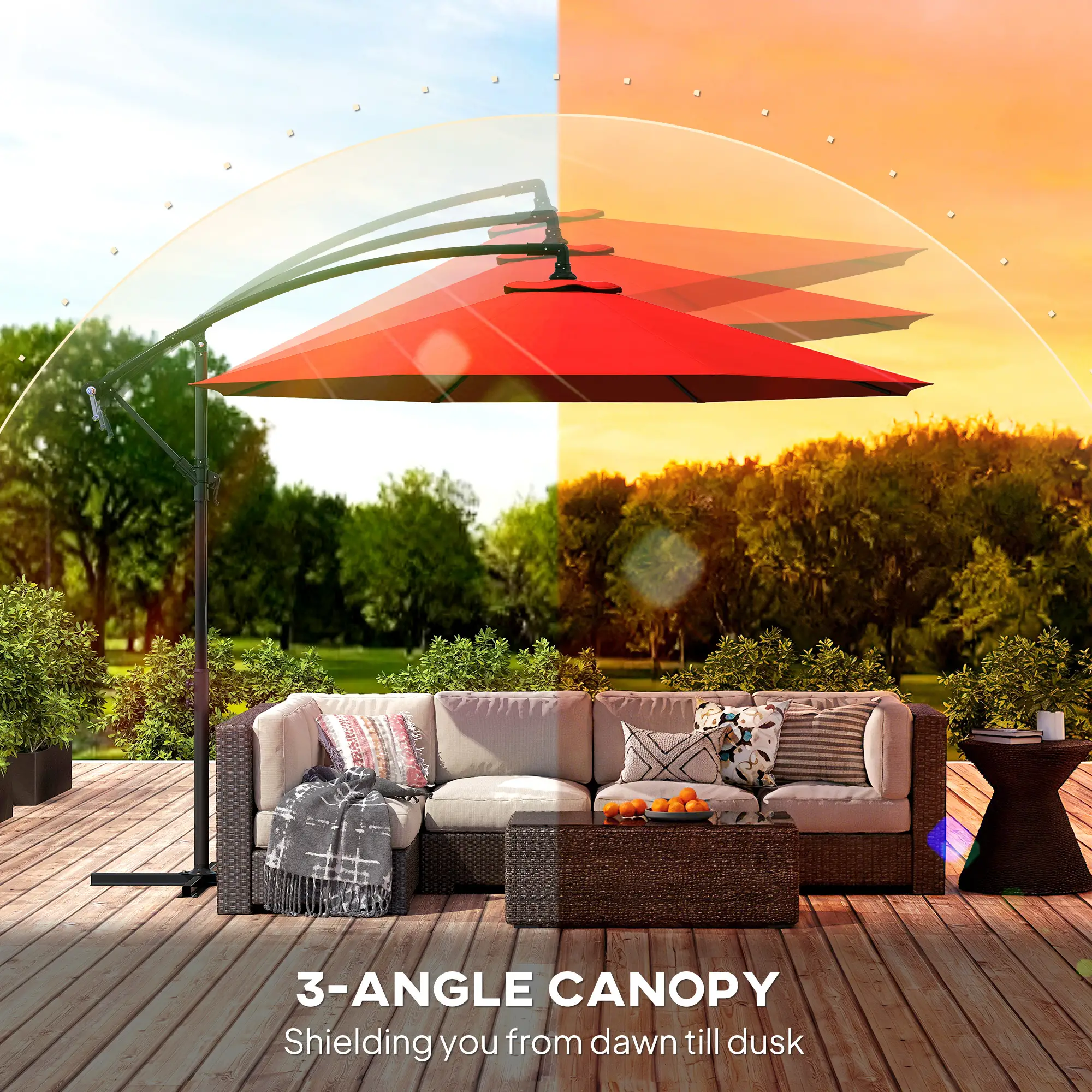9.7ft Offset Patio Umbrella, Crank Handle, 8 Ribs, Cross Base, Wine Red - Image 6