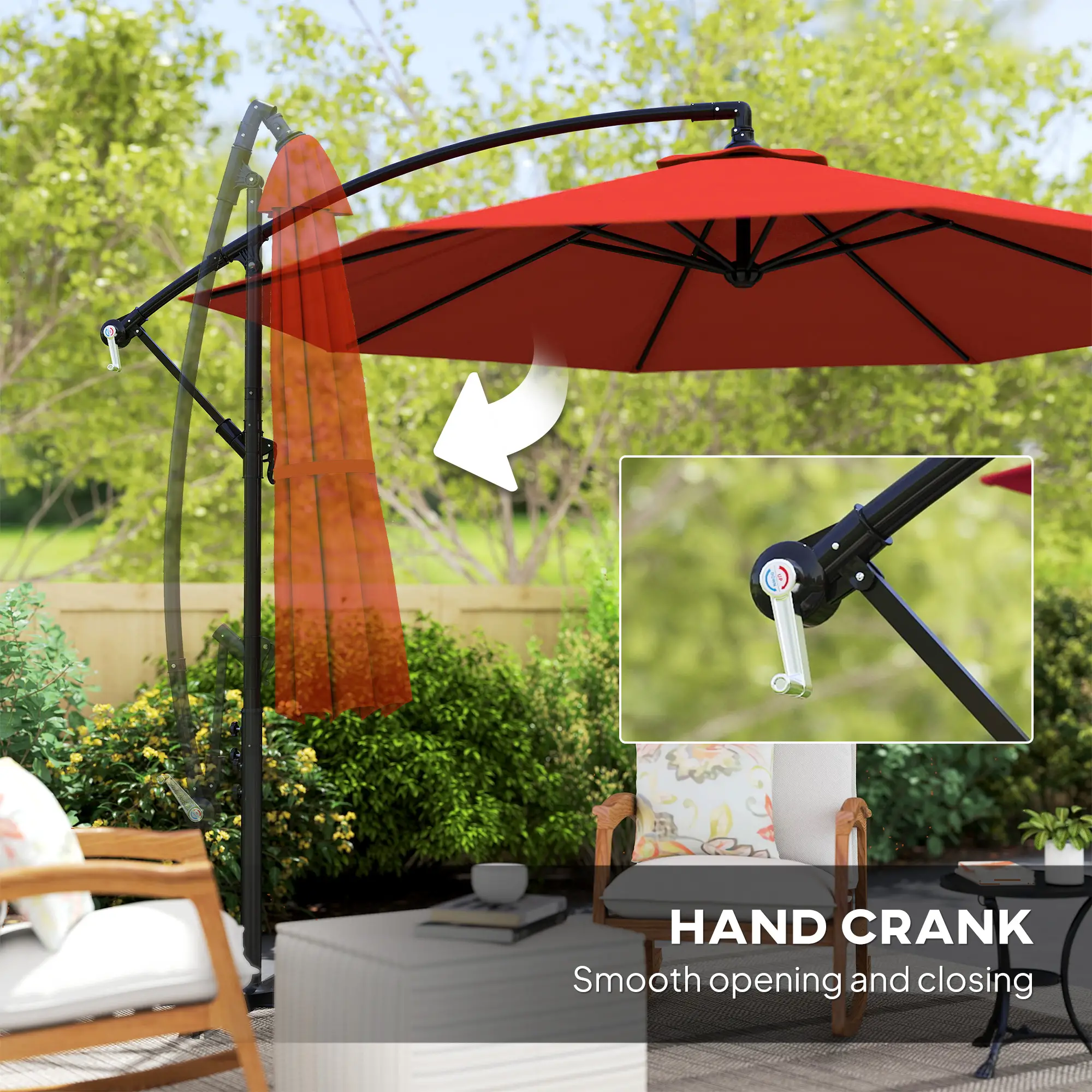 9.7ft Offset Patio Umbrella, Crank Handle, 8 Ribs, Cross Base, Wine Red - Image 7