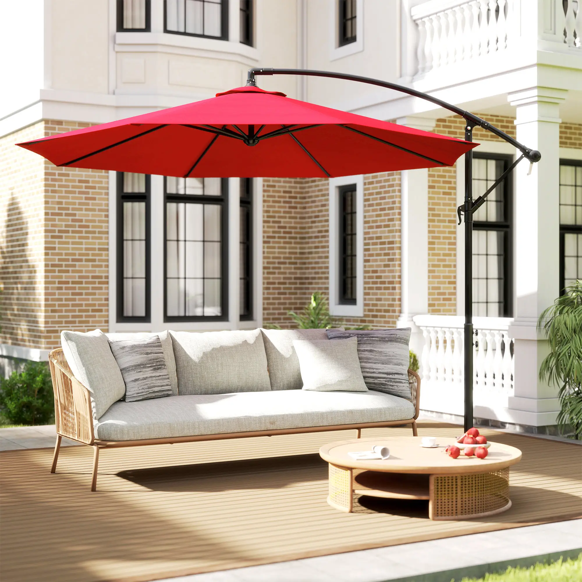 9.7ft Offset Patio Umbrella, Crank Handle, 8 Ribs, Cross Base, Wine Red - Image 9
