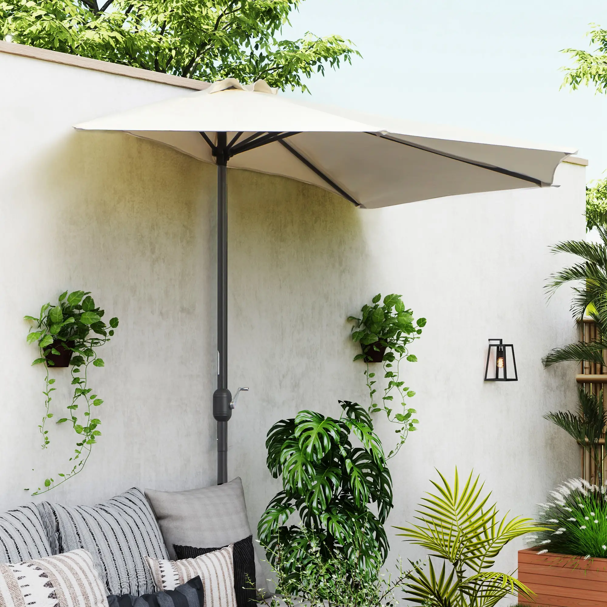 9.8ft Half Umbrella, Semi Round Patio Parasol, Crank Handle, Top Vent, Cream - Image 2