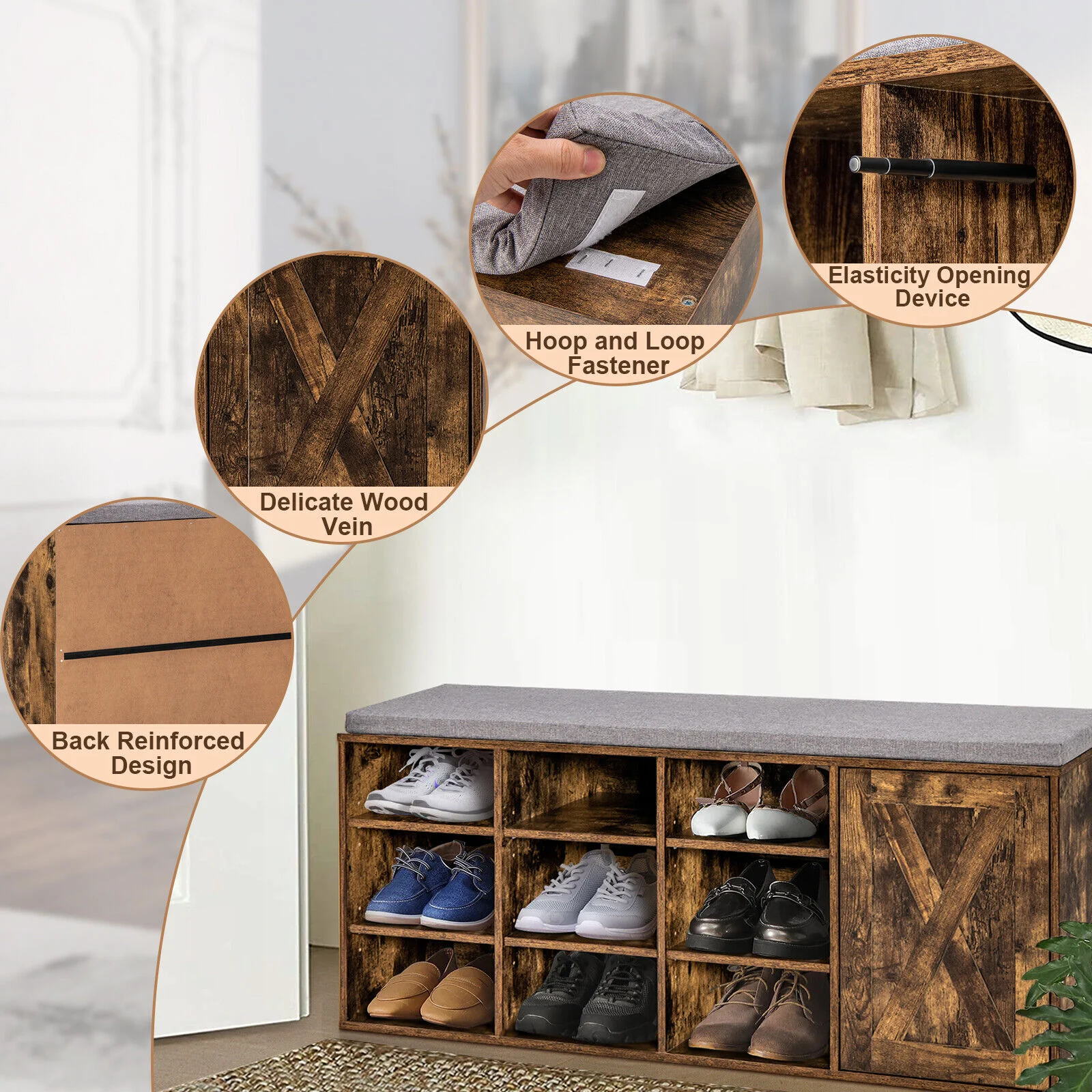 9-Cube Adjustable Storage Shoe Bench, Padded Cushion, Rustic Brown - Image 10