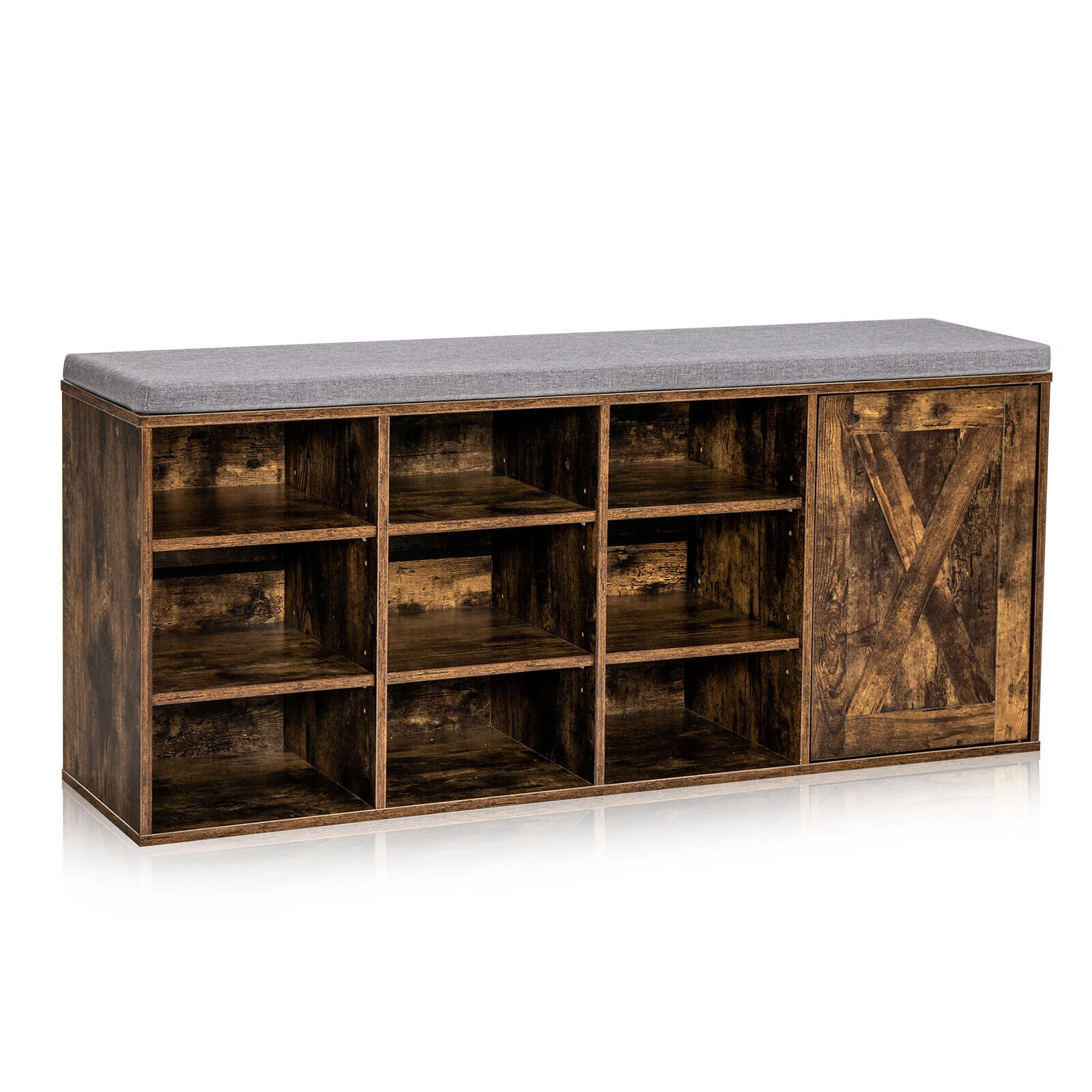 9-Cube Adjustable Storage Shoe Bench, Padded Cushion, Rustic Brown - Image 4