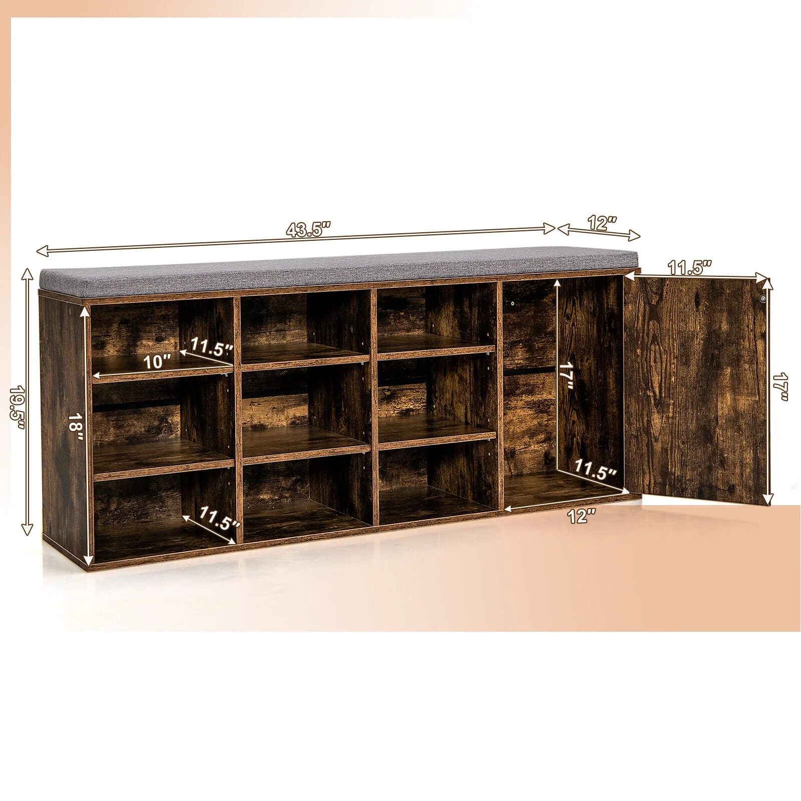9-Cube Adjustable Storage Shoe Bench, Padded Cushion, Rustic Brown - Image 6