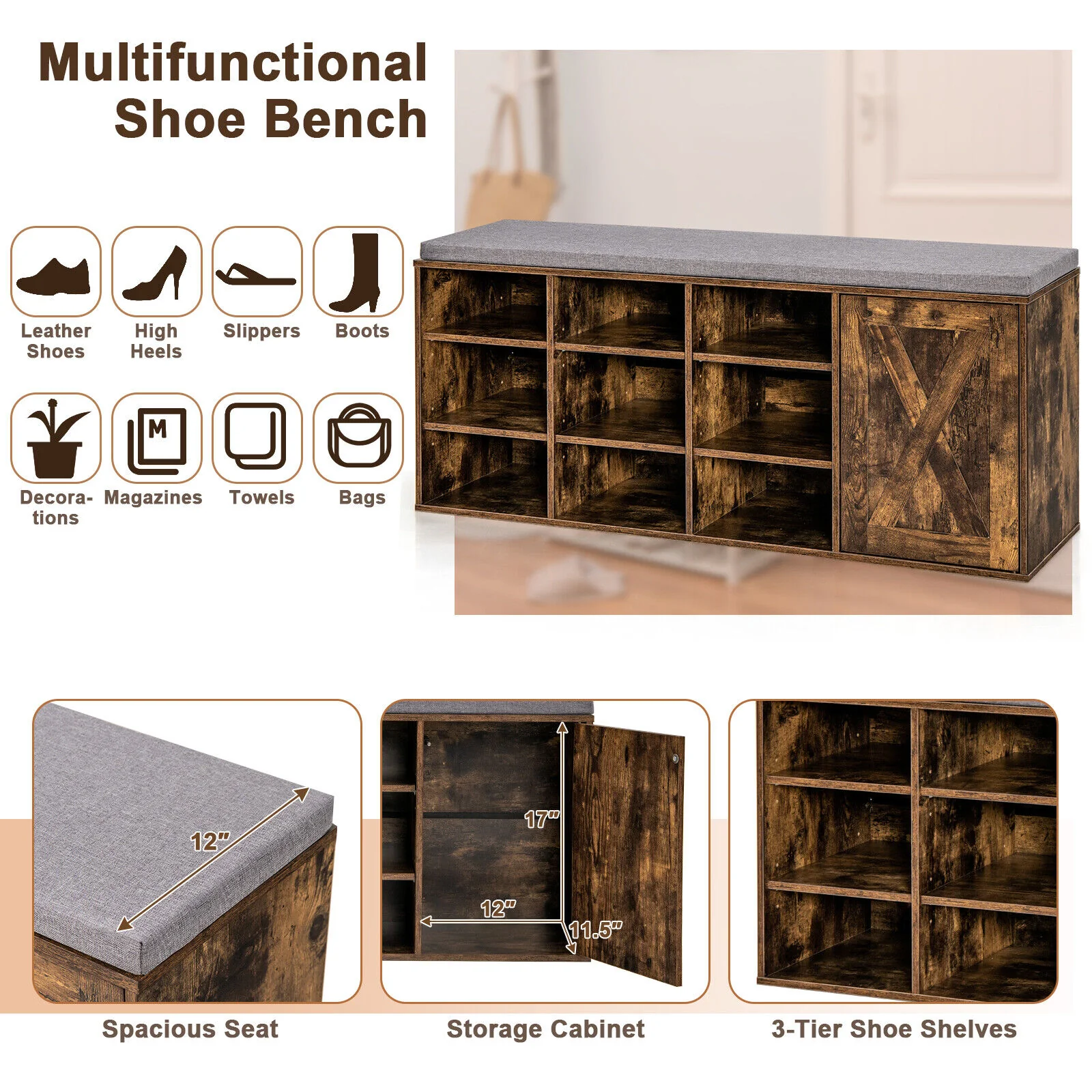 9-Cube Adjustable Storage Shoe Bench, Padded Cushion, Rustic Brown - Image 7
