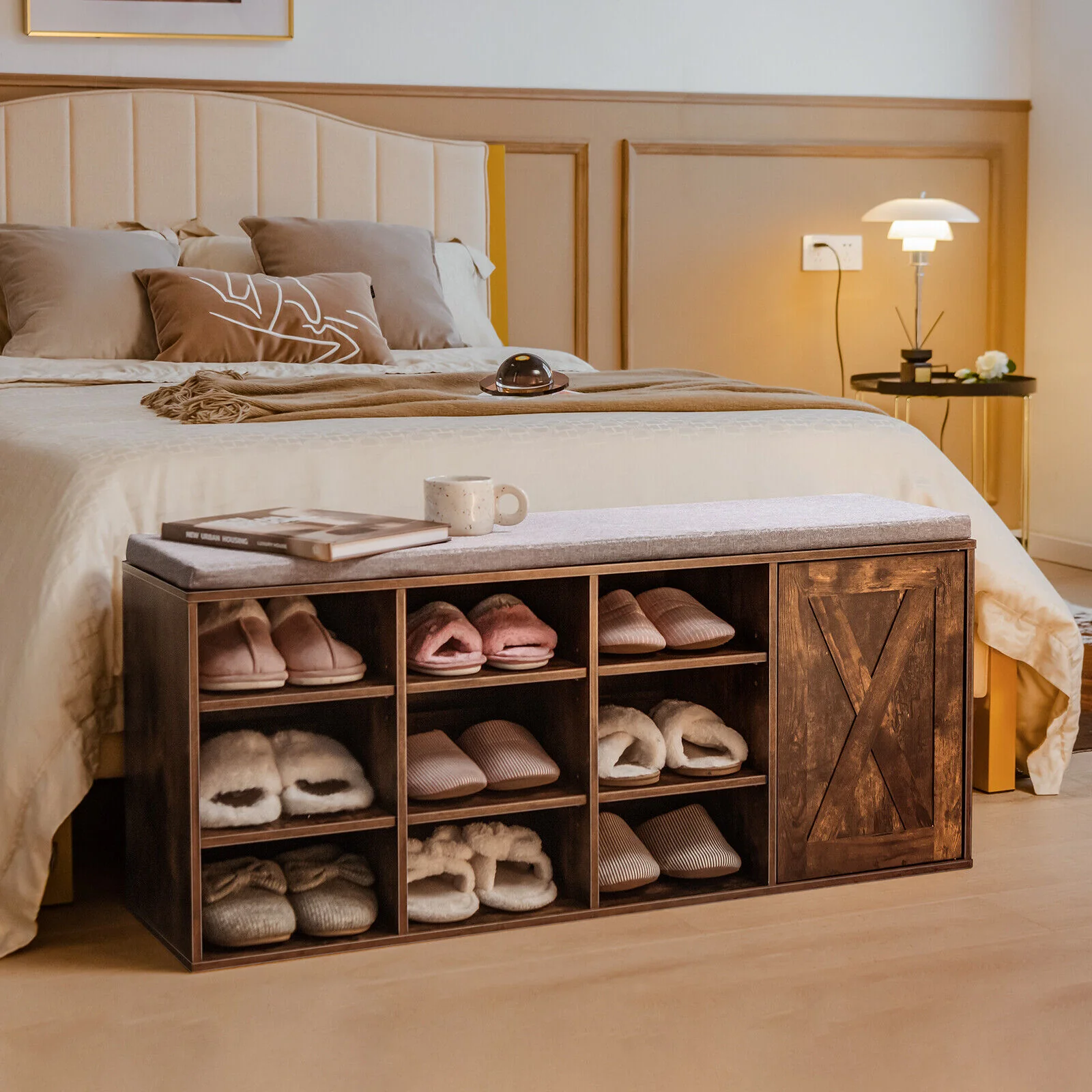 9-Cube Adjustable Storage Shoe Bench, Padded Cushion, Rustic Brown - Image 8