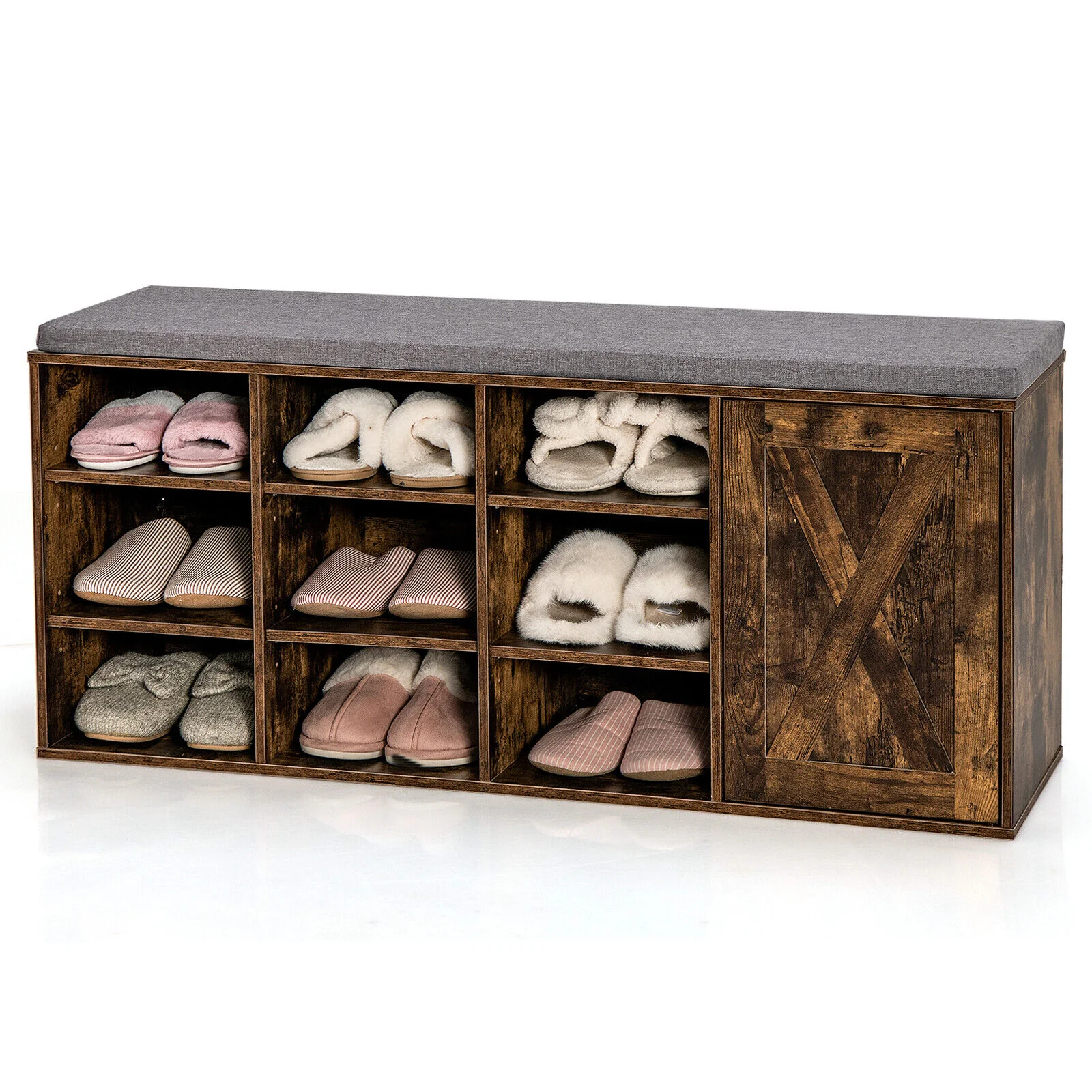 9-Cube Adjustable Storage Shoe Bench, Padded Cushion, Rustic Brown - Image 9
