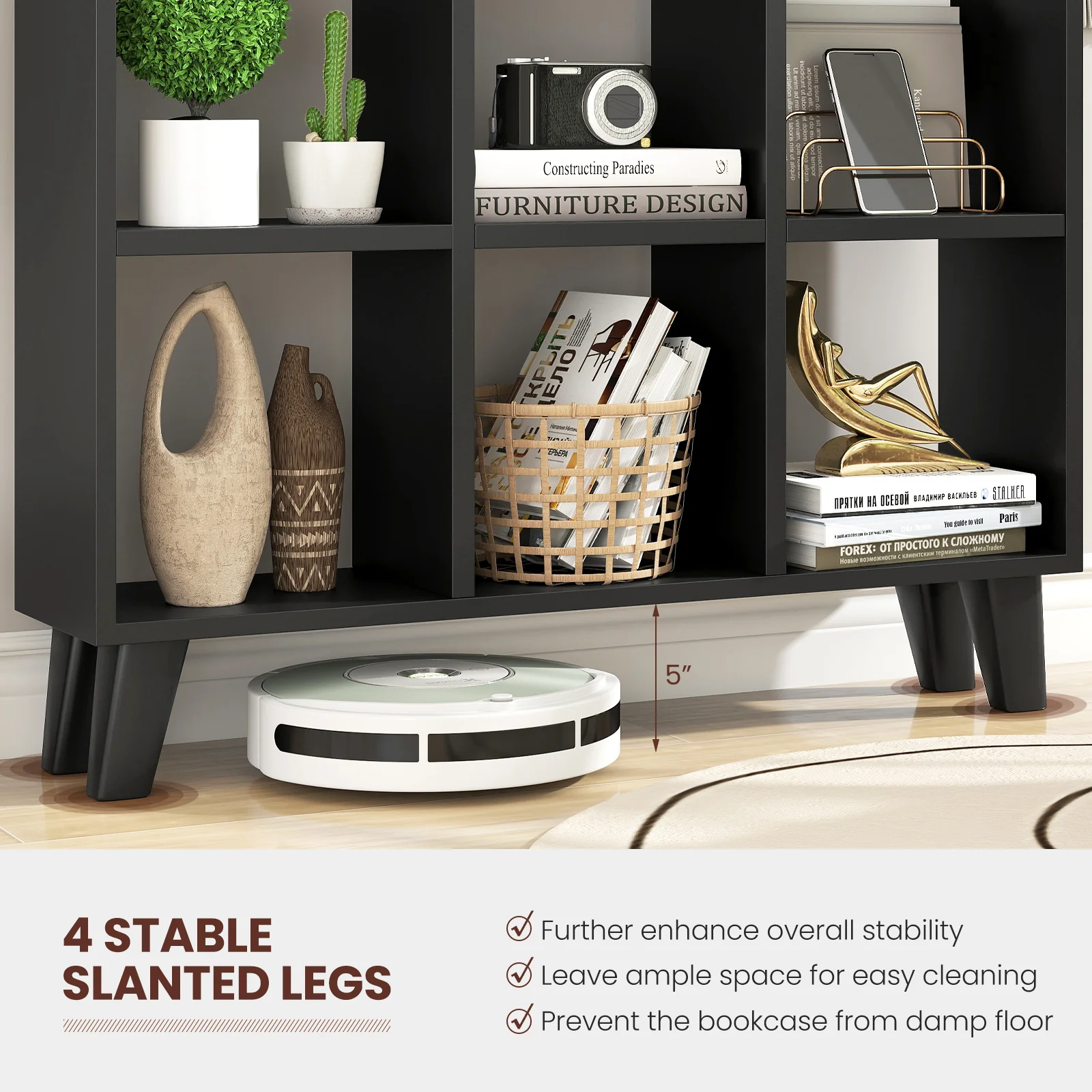 9-Cube Bookcase, 6 Removable Shelves, Black - Image 9