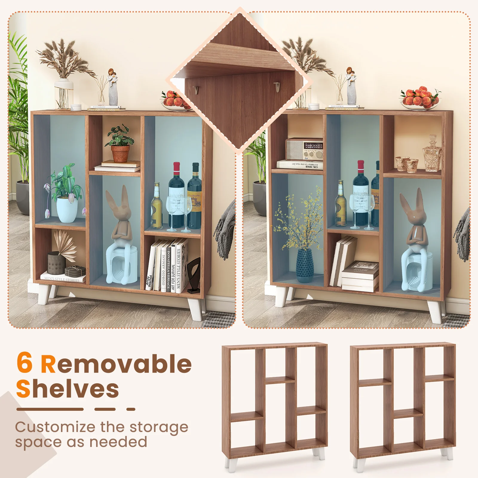 9-Cube Bookcase, 6 Removable Shelves, Brown - Image 8