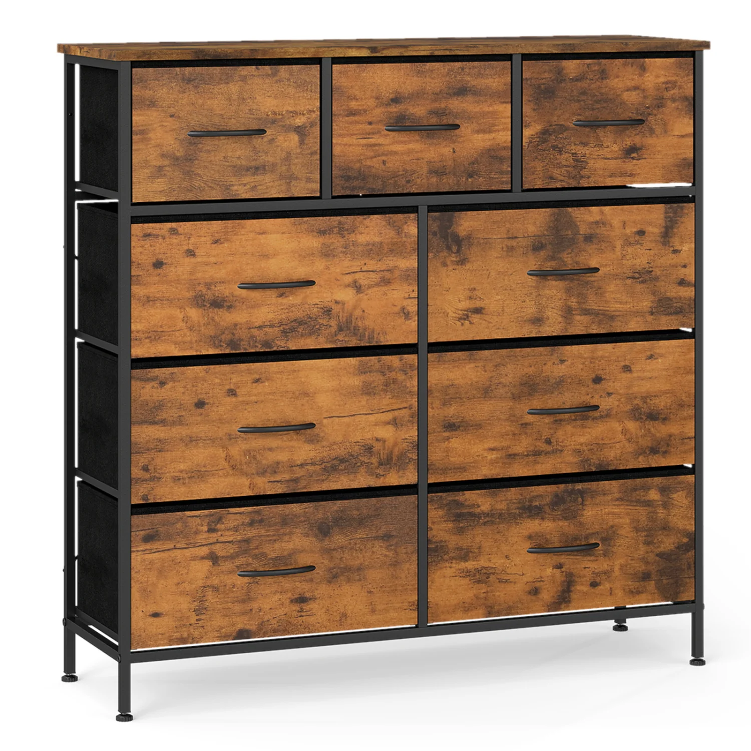 9-Drawer Fabric Dresser, Wooden Top, Rustic Brown