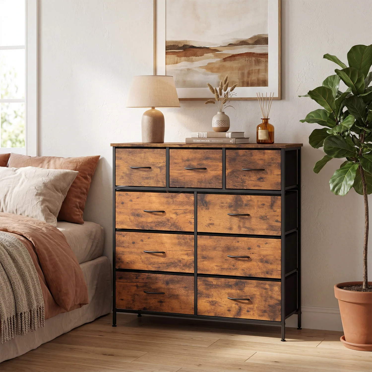 9-Drawer Fabric Dresser, Wooden Top, Rustic Brown - Image 3