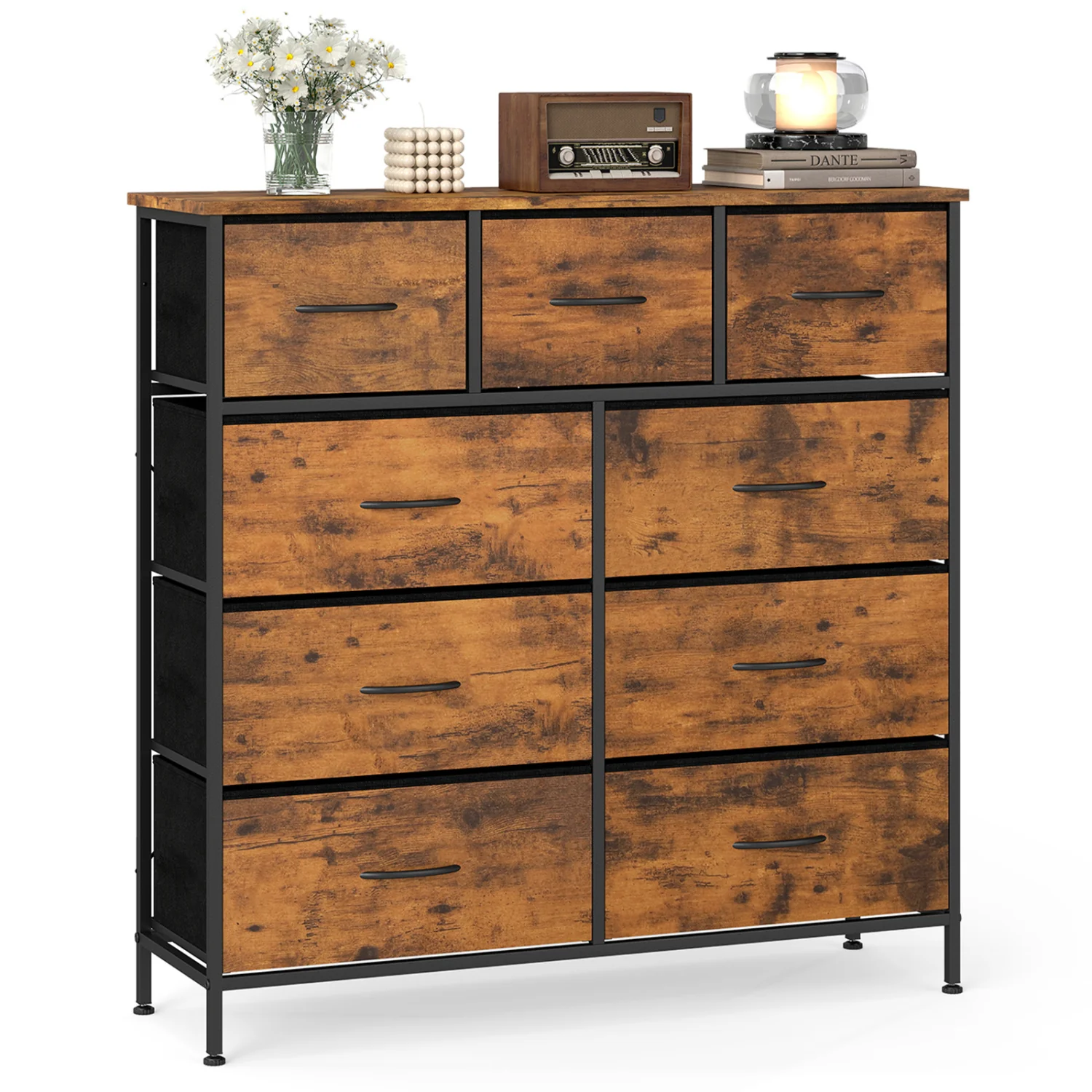 9-Drawer Fabric Dresser, Wooden Top, Rustic Brown - Image 4