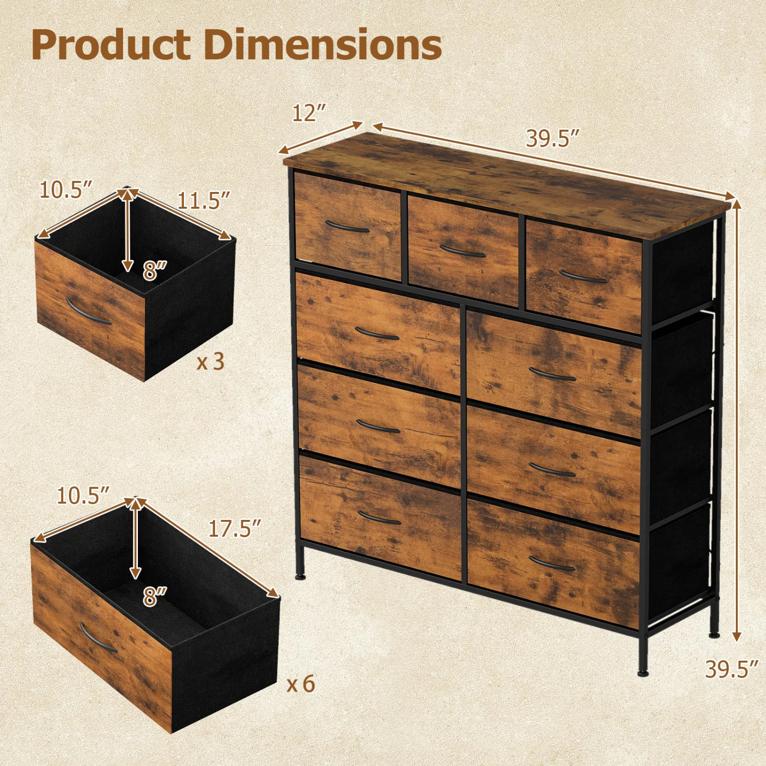 9-Drawer Fabric Dresser, Wooden Top, Rustic Brown - Image 5