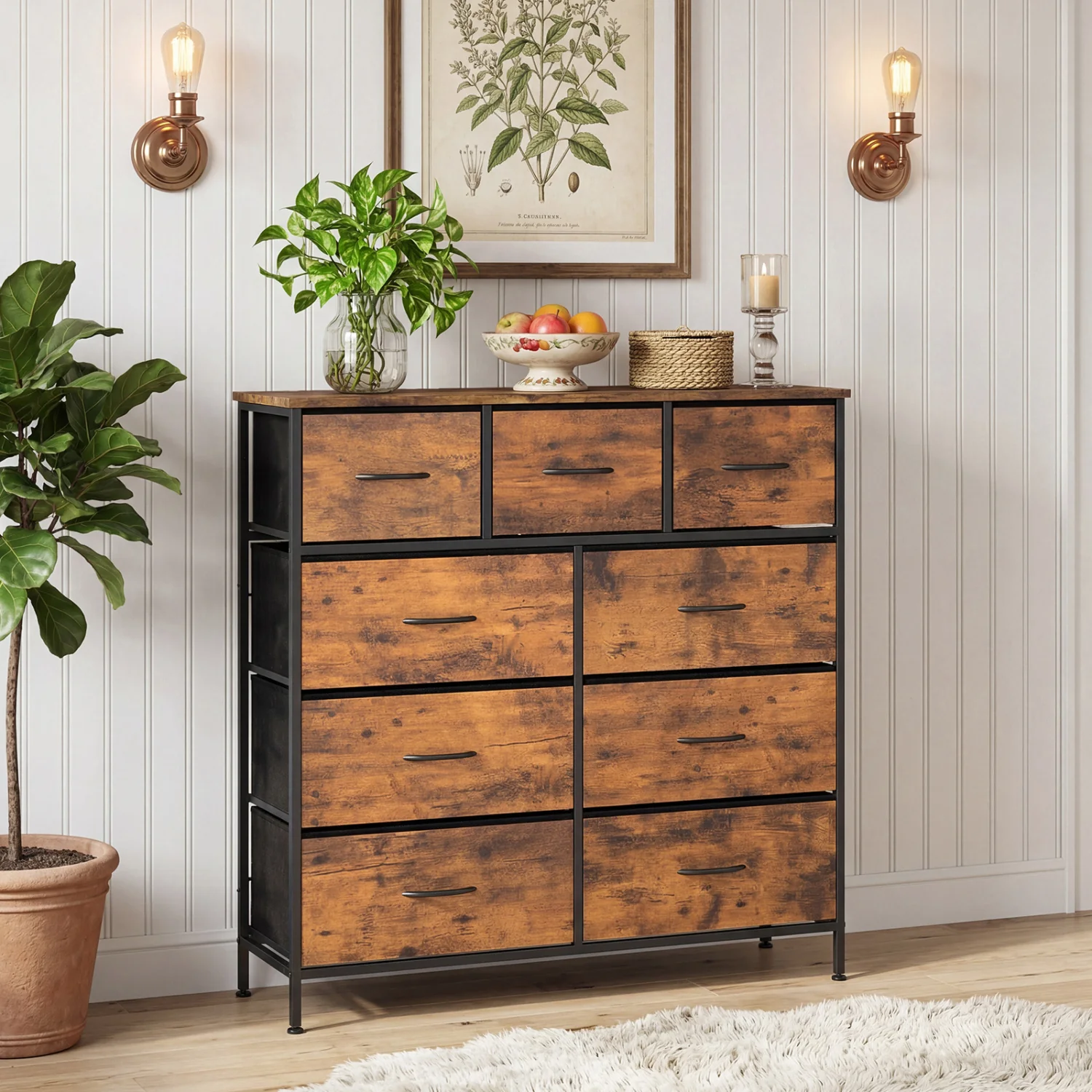 9-Drawer Fabric Dresser, Wooden Top, Rustic Brown - Image 6