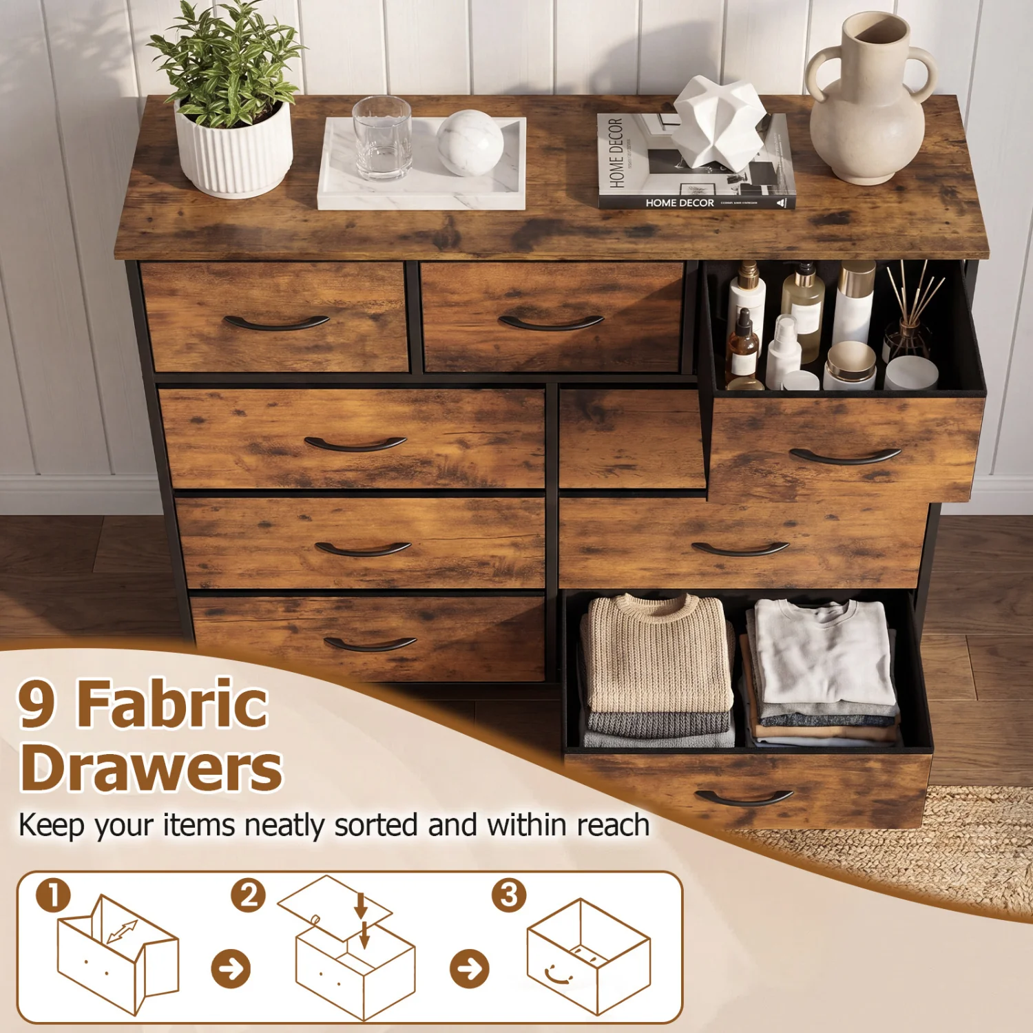 9-Drawer Fabric Dresser, Wooden Top, Rustic Brown - Image 7