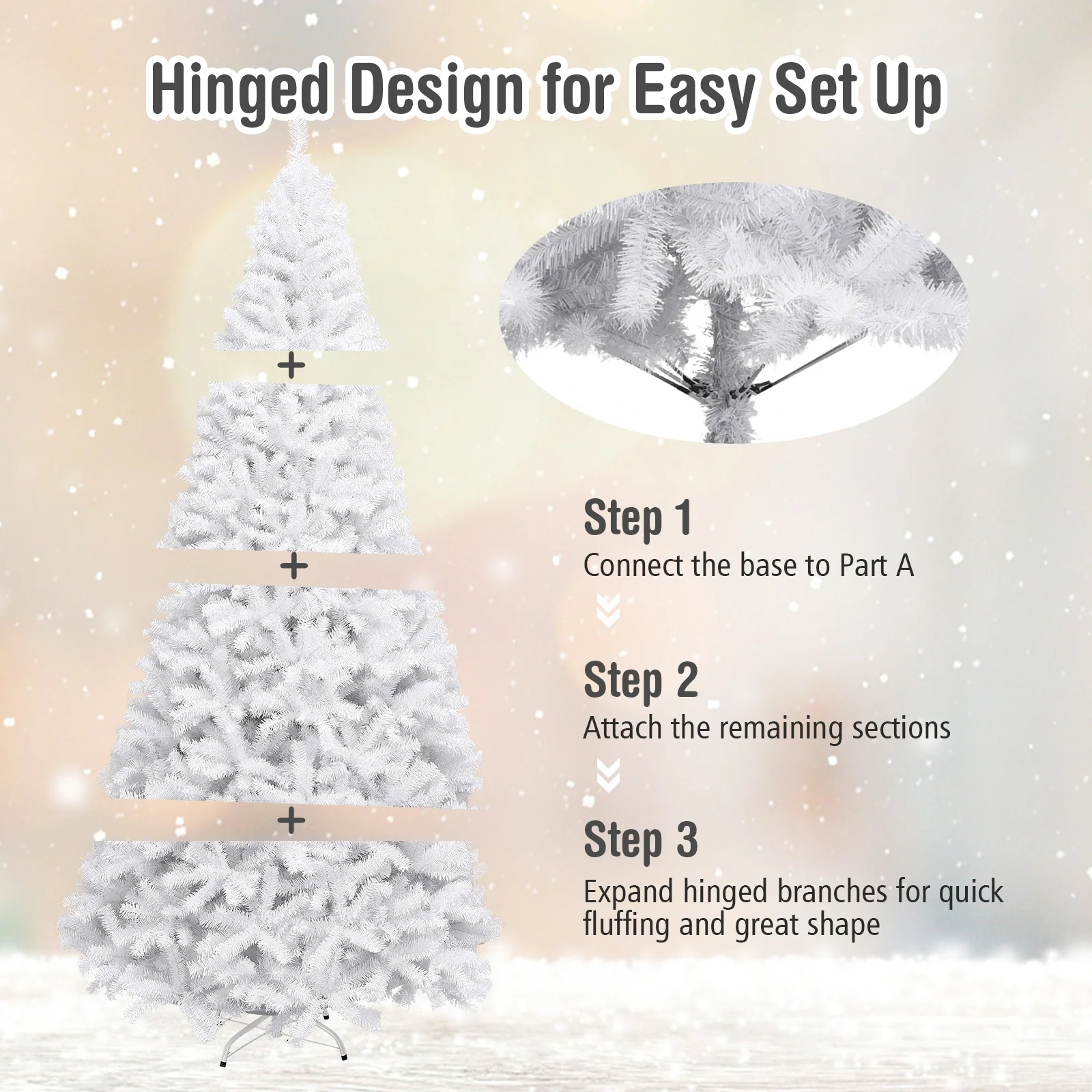 9 Feet Hinged Artificial Christmas Tree, Metal Stand, White - Image 10