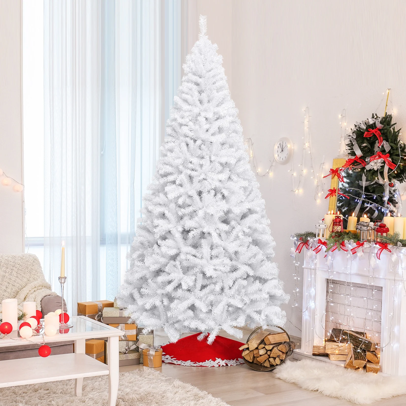 9 Feet Hinged Artificial Christmas Tree, Metal Stand, White - Image 2