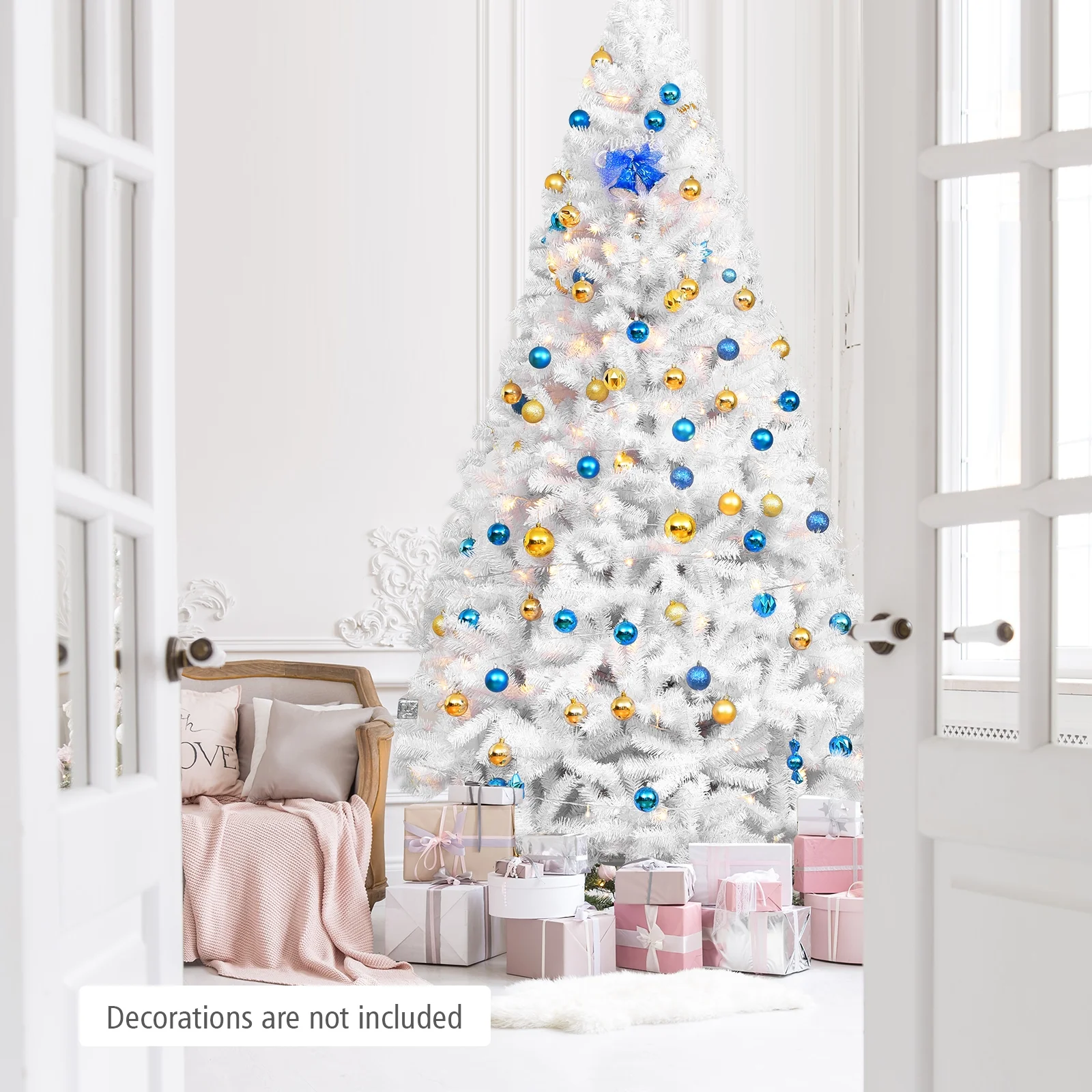 9 Feet Hinged Artificial Christmas Tree, Metal Stand, White - Image 8