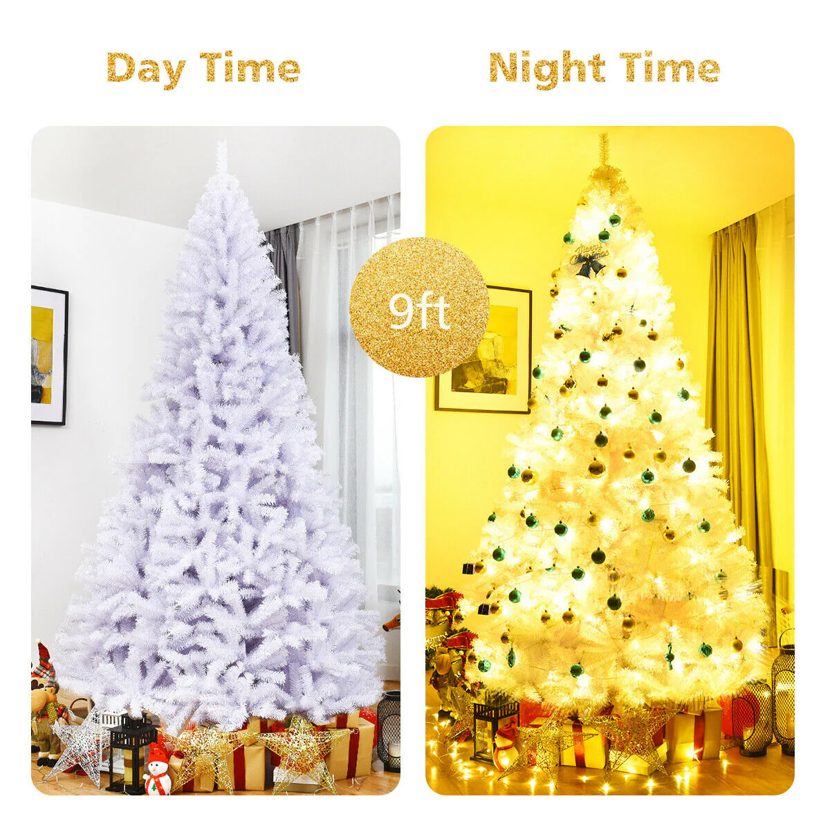 9 Feet Hinged Artificial Christmas Tree, Metal Stand, White - Image 9