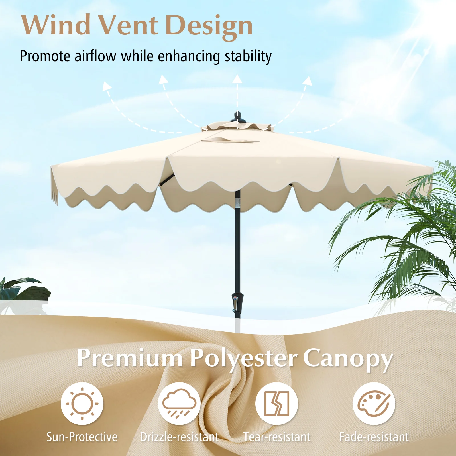 9 Feet Patio Umbrella, Crank Handle, Push Button Tilt, Beige - Image 7