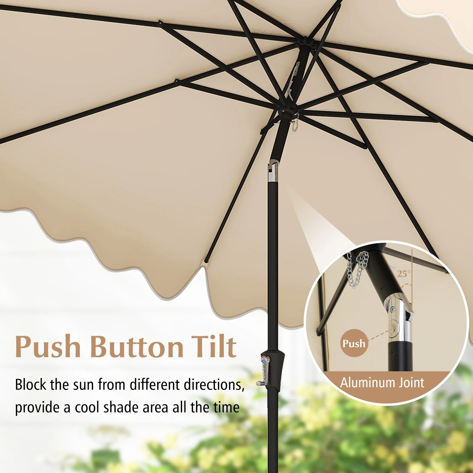 9 Feet Patio Umbrella, Crank Handle, Push Button Tilt, Beige - Image 8