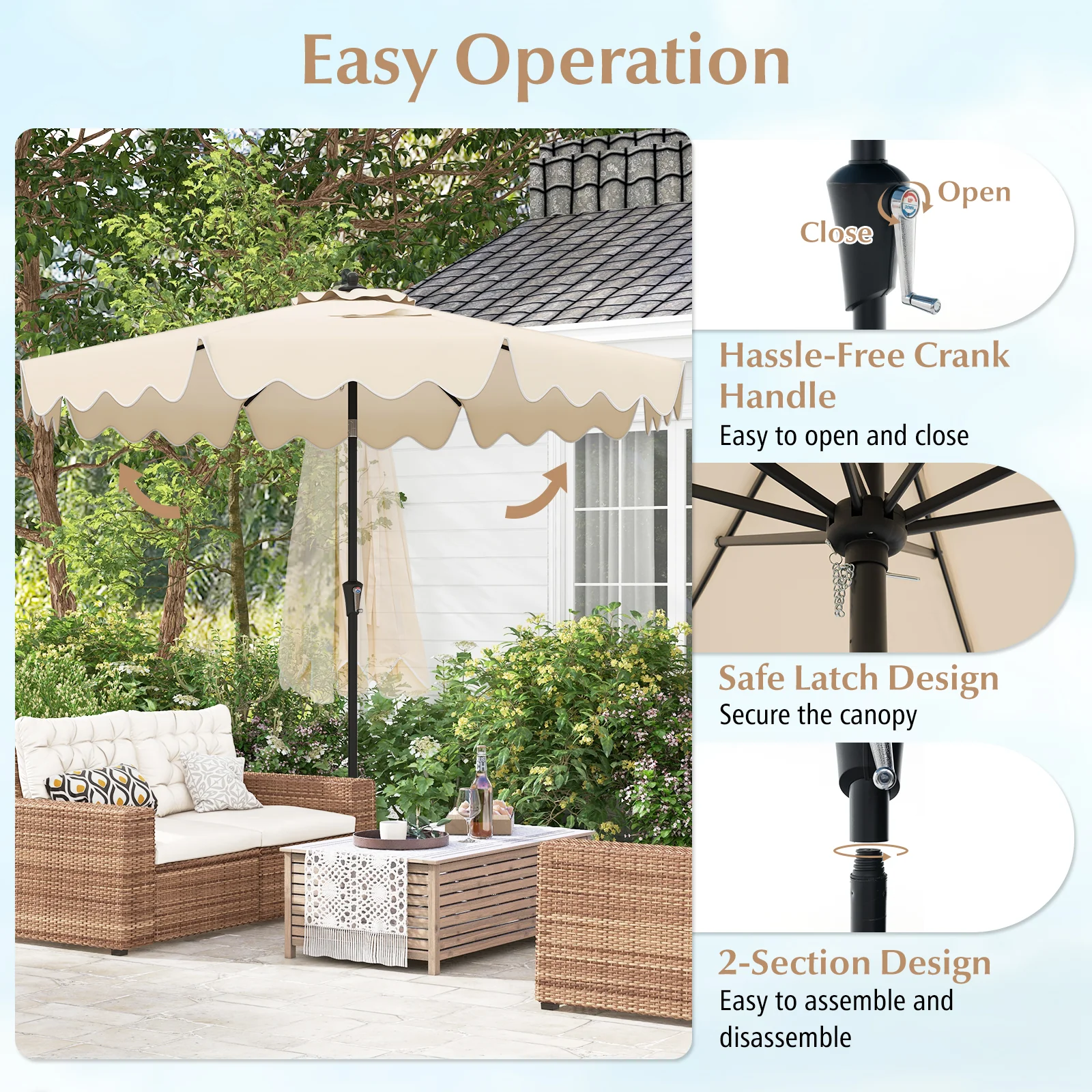 9 Feet Patio Umbrella, Crank Handle, Push Button Tilt, Beige - Image 9