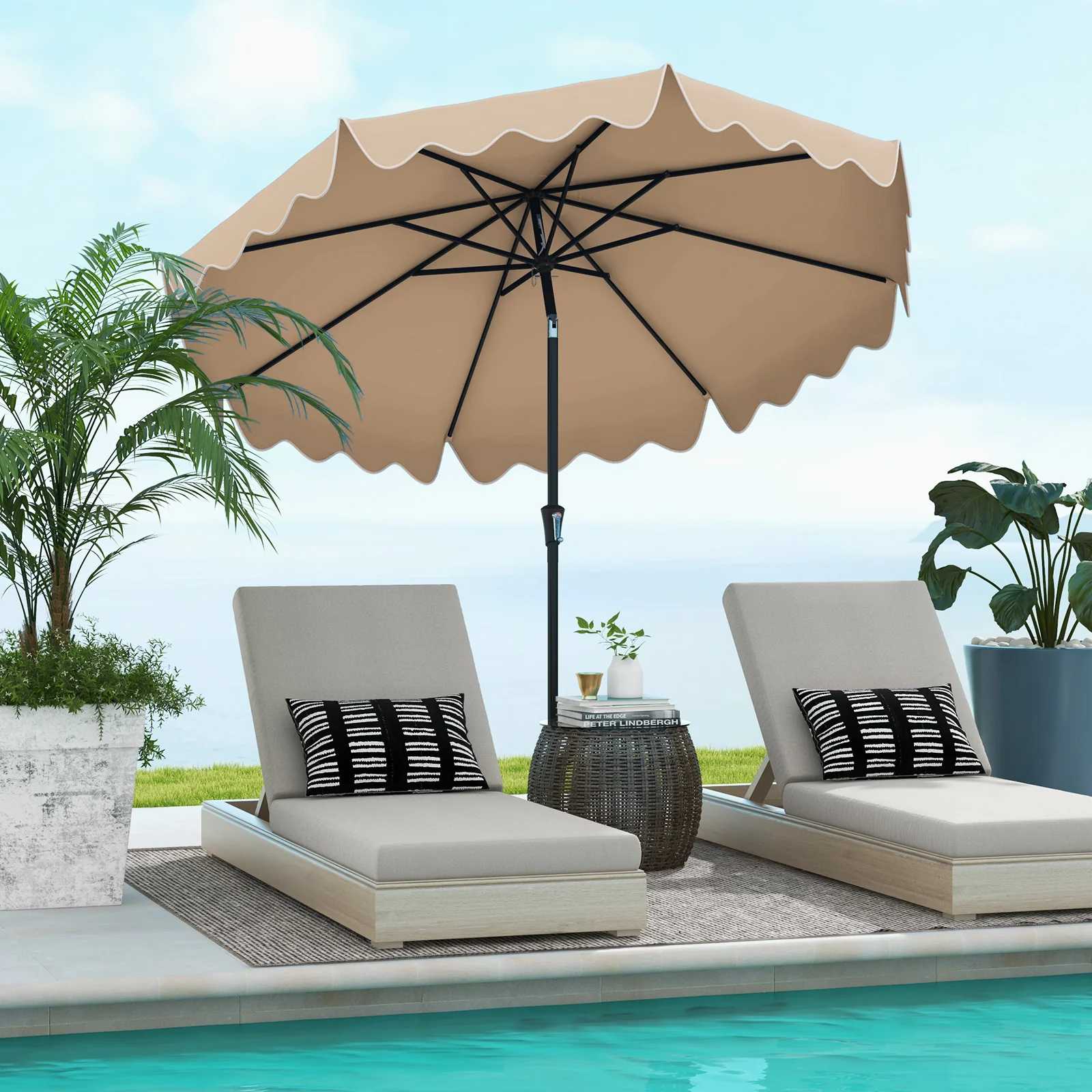 9 Feet Patio Umbrella, Crank Handle, Push Button Tilt, Brown - Image 2