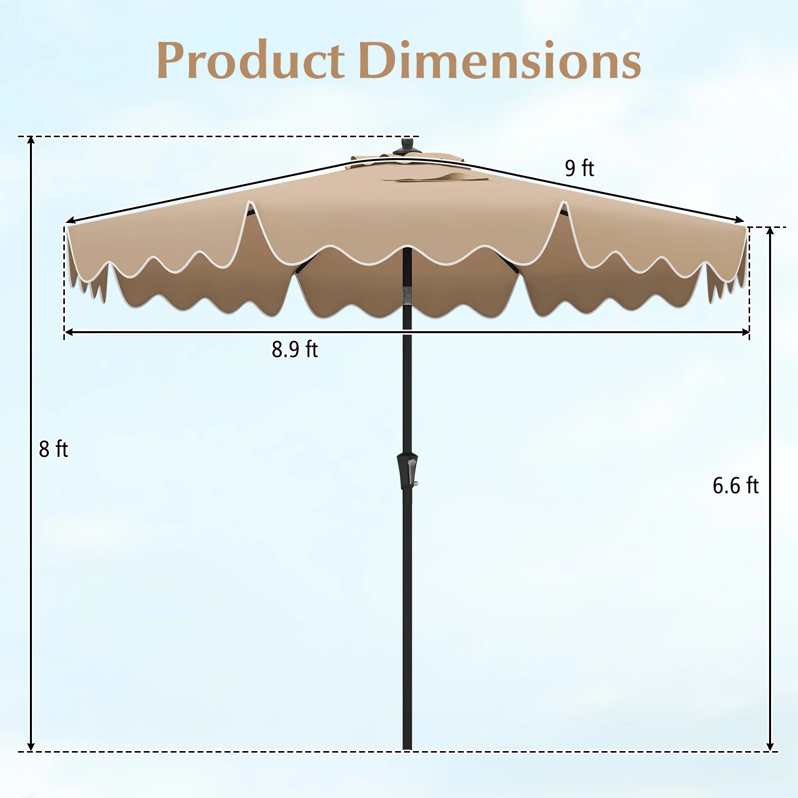 9 Feet Patio Umbrella, Crank Handle, Push Button Tilt, Brown - Image 5