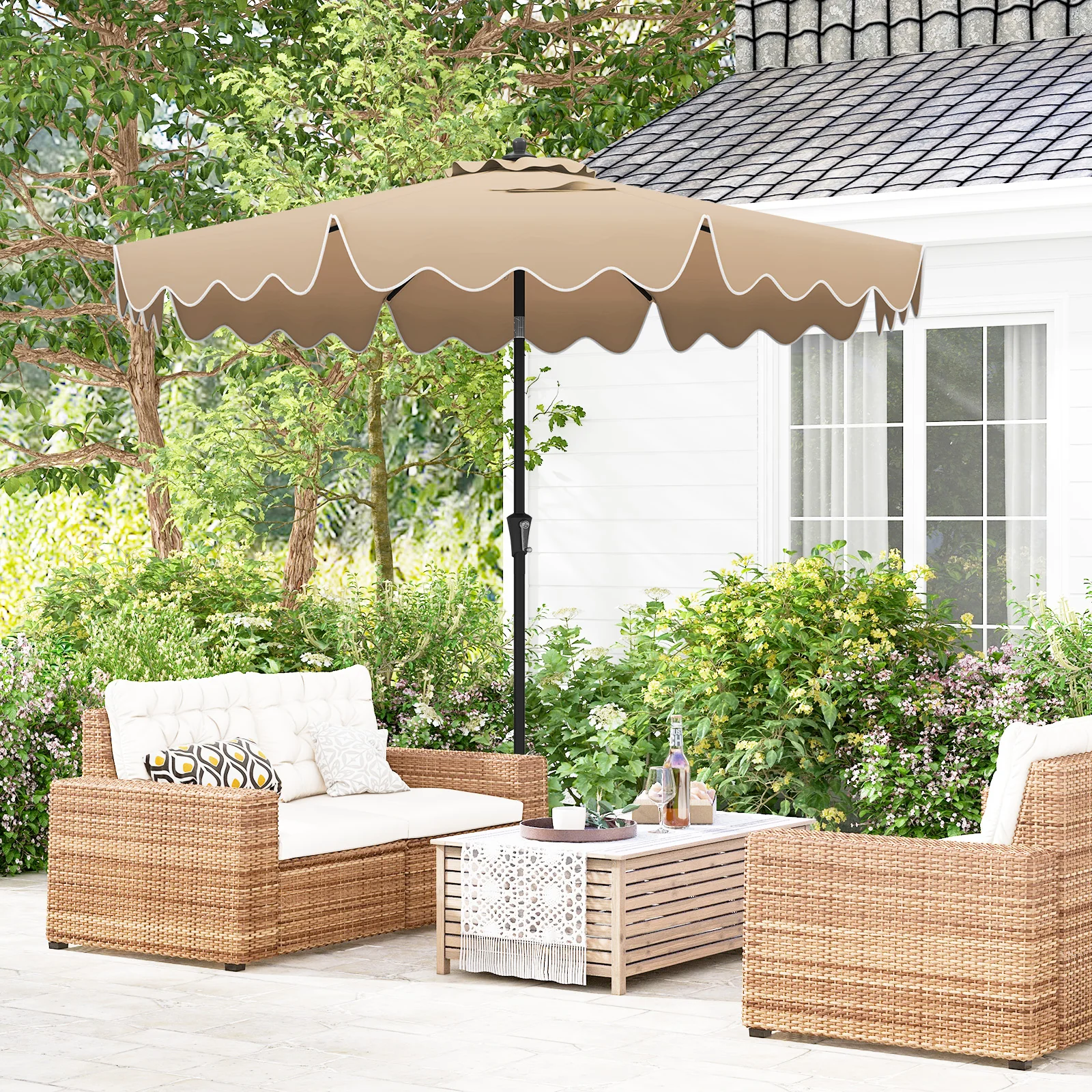 9 Feet Patio Umbrella, Crank Handle, Push Button Tilt, Brown - Image 6