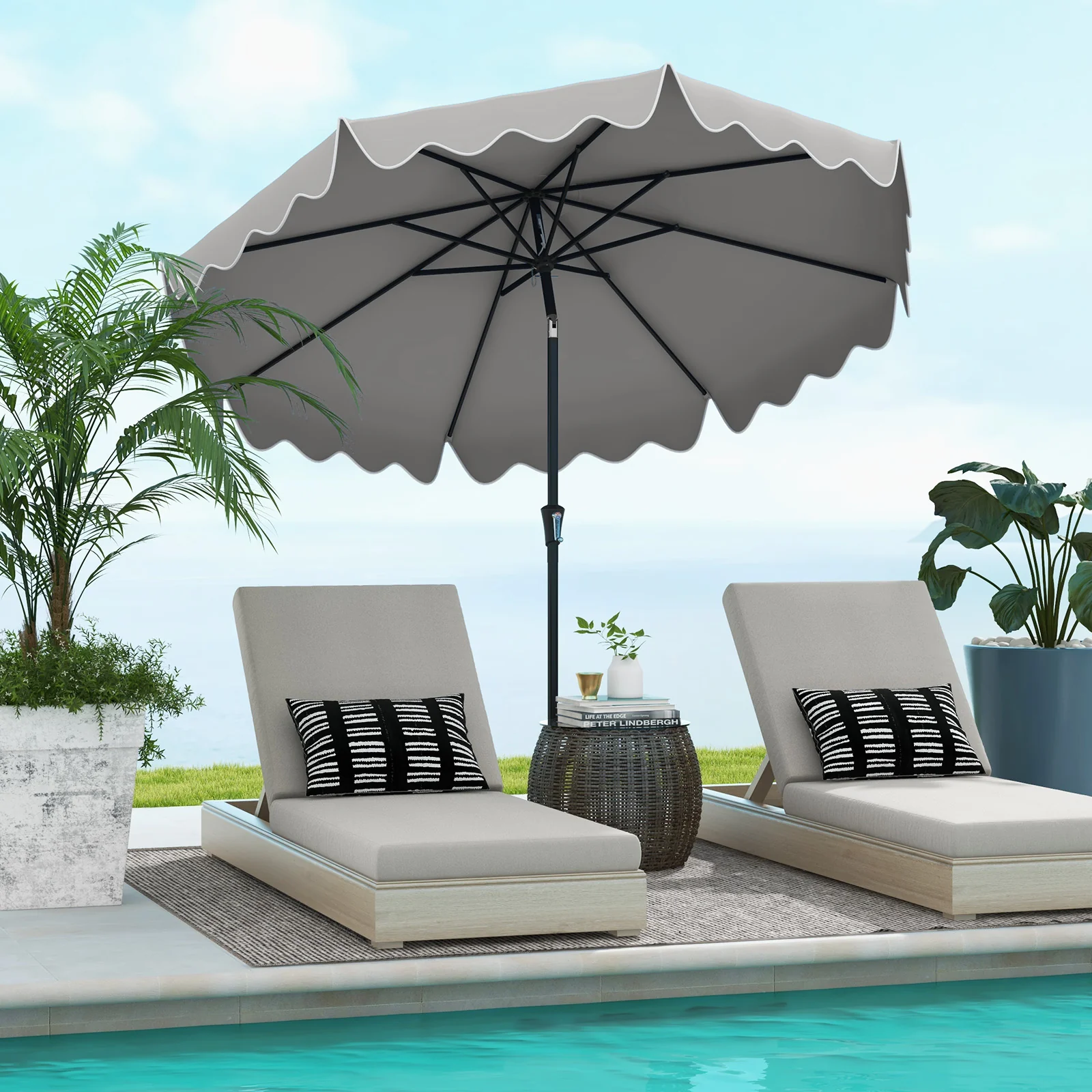 9 Feet Patio Umbrella, Crank Handle, Push Button Tilt, Gray - Image 3