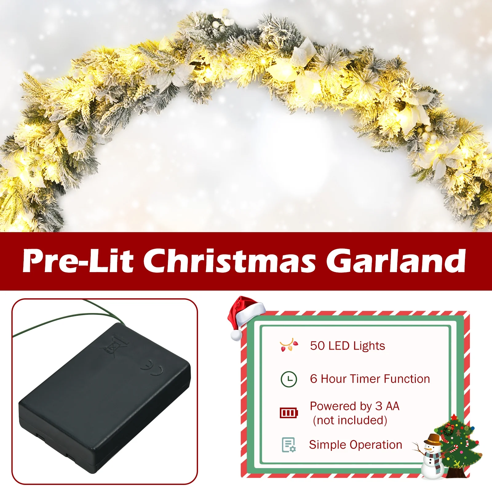 9 Feet Pre-Lit Artificial Christmas Garland, 50 LED Lights, White - Image 10