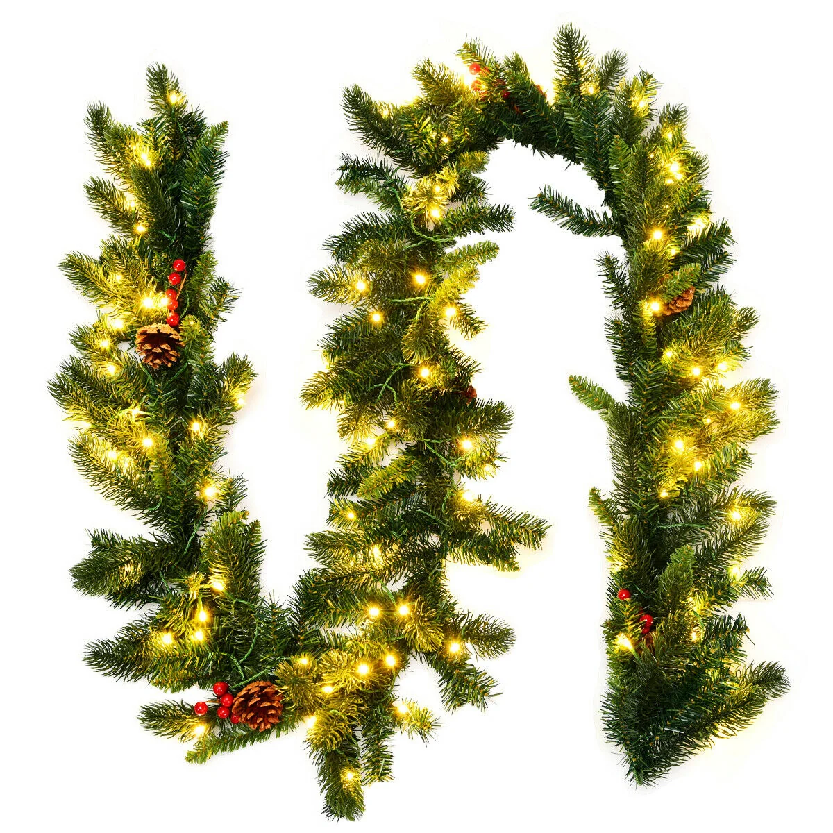 9 Feet Pre-lit Artificial Christmas Garland Red Berries with LED, Green