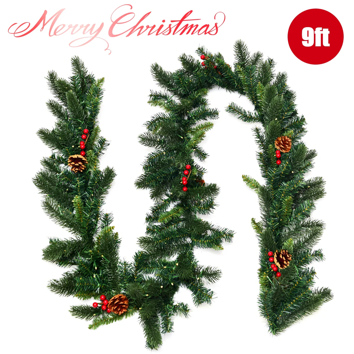 9 Feet Pre-lit Artificial Christmas Garland Red Berries with LED, Green - Image 5