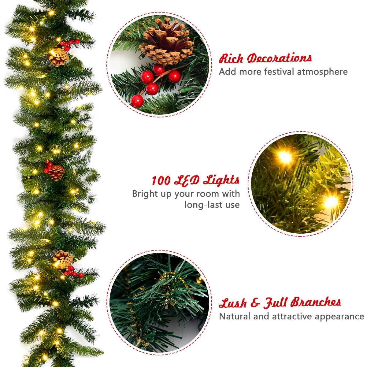 9 Feet Pre-lit Artificial Christmas Garland Red Berries with LED, Green - Image 6