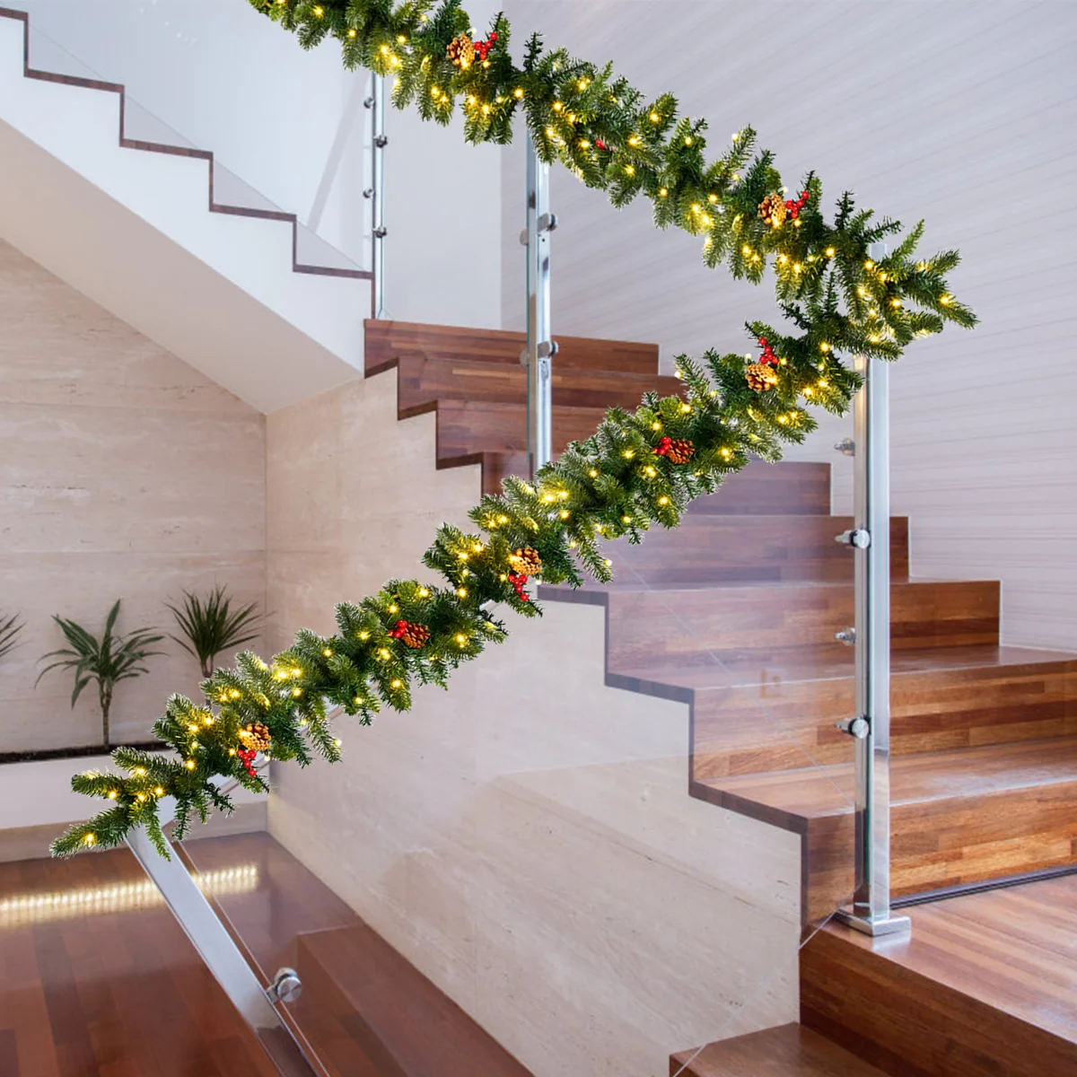 9 Feet Pre-lit Artificial Christmas Garland Red Berries with LED, Green - Image 7