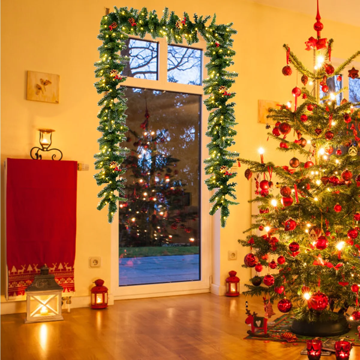 9 Feet Pre-lit Artificial Christmas Garland Red Berries with LED, Green - Image 8