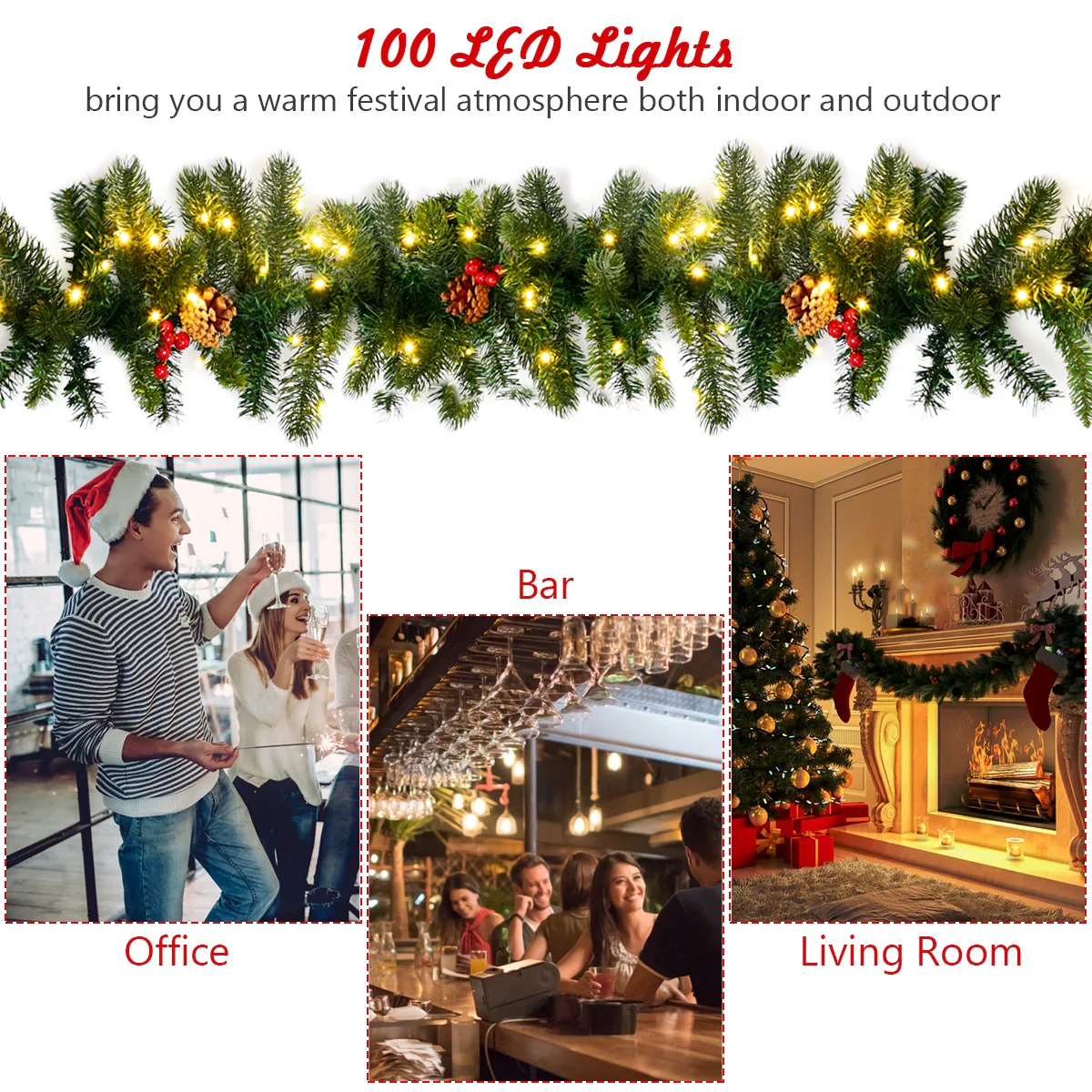 9 Feet Pre-lit Artificial Christmas Garland Red Berries with LED, Green - Image 9