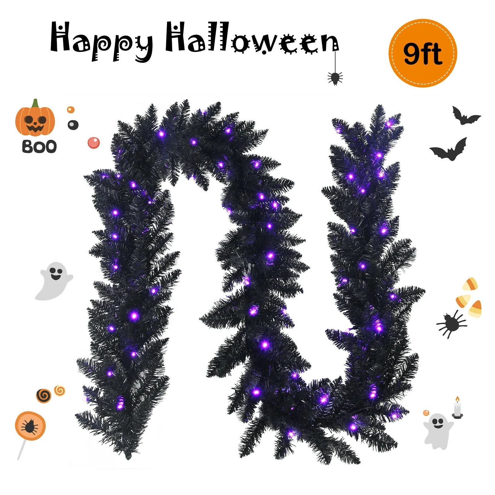 9 Feet Pre-Lit Garland, 50 LED Lights, Black, Purple - Image 5